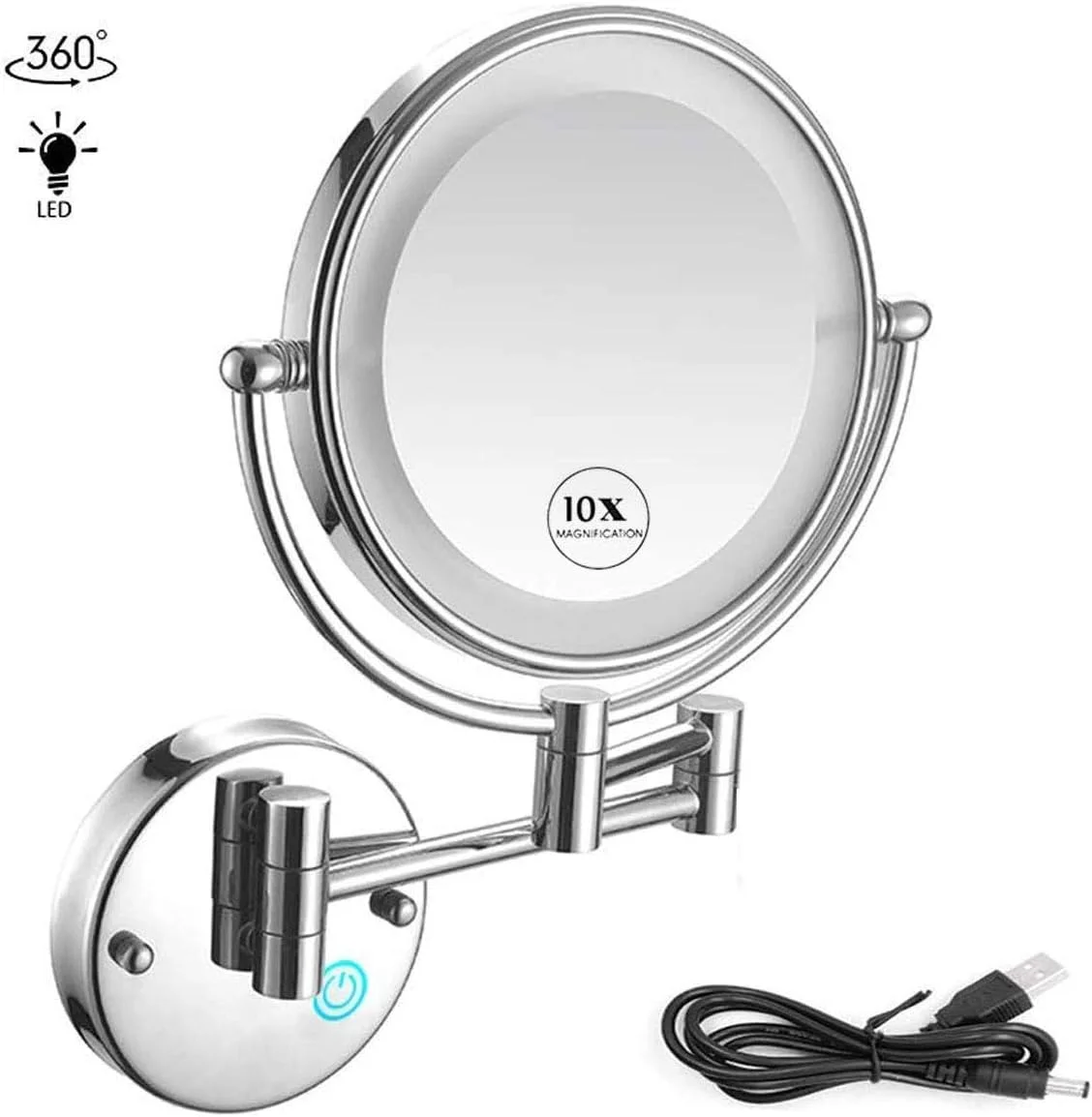 آینه حمام گرد 8 اینچی دو طرفه با قابلیت چرخش 360 درجه، دارای چراغ و بزرگنمایی 10 برابری، قابل نصب روی دیوار و شارژ USB، ایده آل برای آرایش - Leunlee