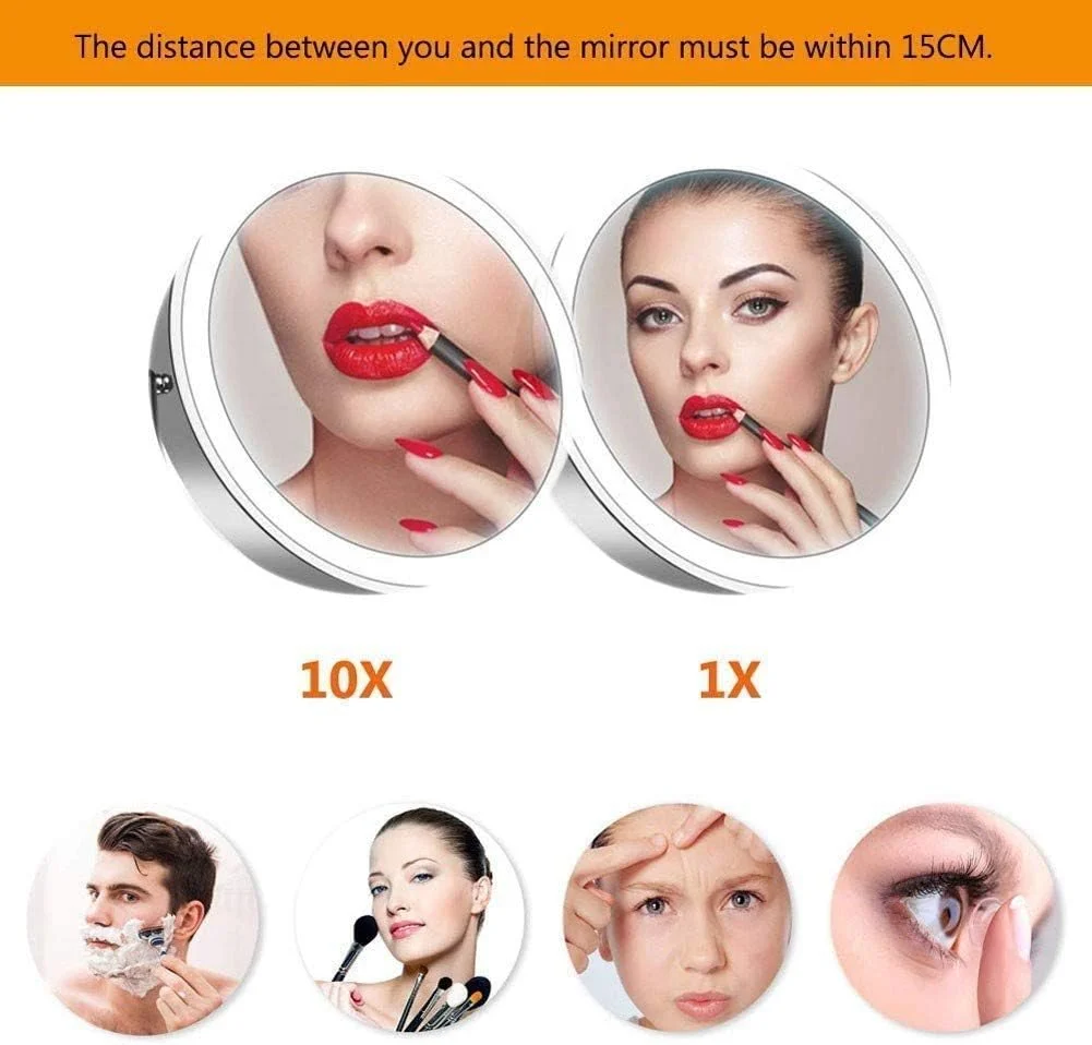 آینه حمام گرد 8 اینچی دو طرفه با قابلیت چرخش 360 درجه، دارای چراغ و بزرگنمایی 10 برابری، قابل نصب روی دیوار و شارژ USB، ایده آل برای آرایش - Leunlee