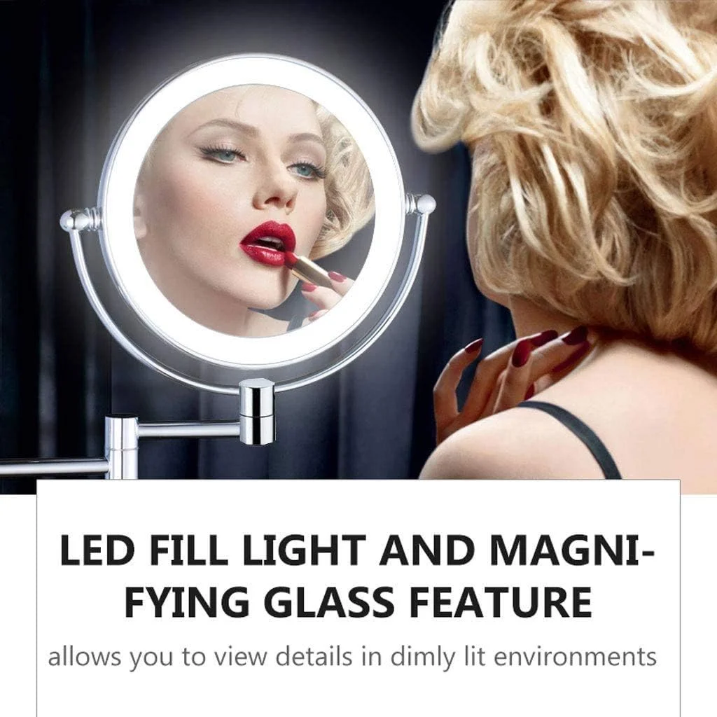 آینه حمام گرد 8 اینچی دو طرفه با قابلیت چرخش 360 درجه، دارای چراغ و بزرگنمایی 10 برابری، قابل نصب روی دیوار و شارژ USB، ایده آل برای آرایش - Leunlee