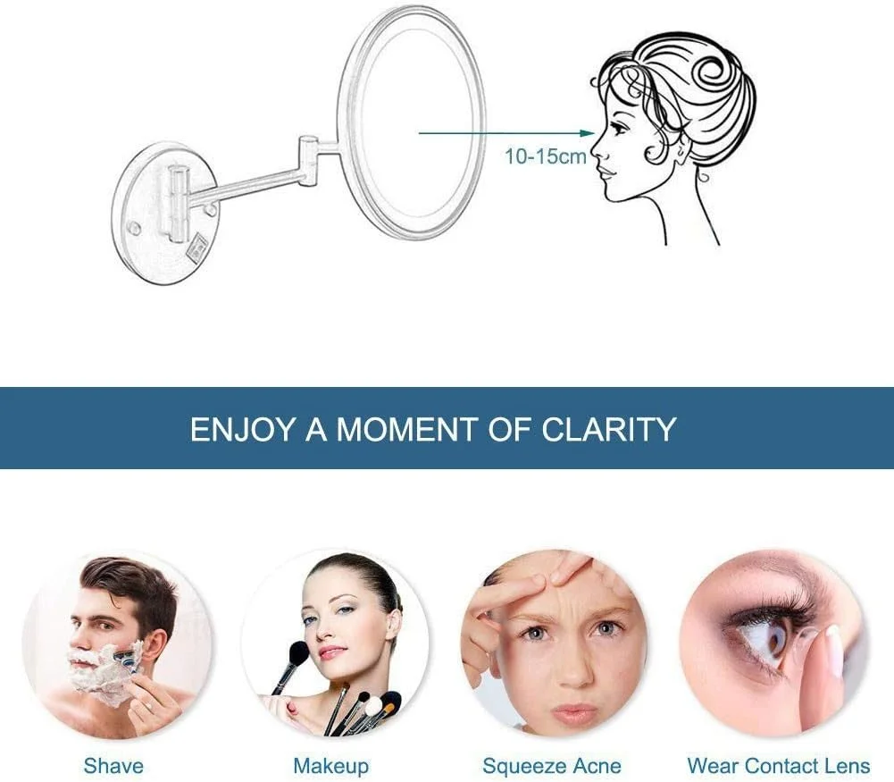 آینه آرایشی دیواری با بزرگنمایی 5 برابر، آینه اصلاح صورت، آینه حمام با نور LED، نصب مخفی با قابلیت تنظیم و امتداد، 8 اینچ