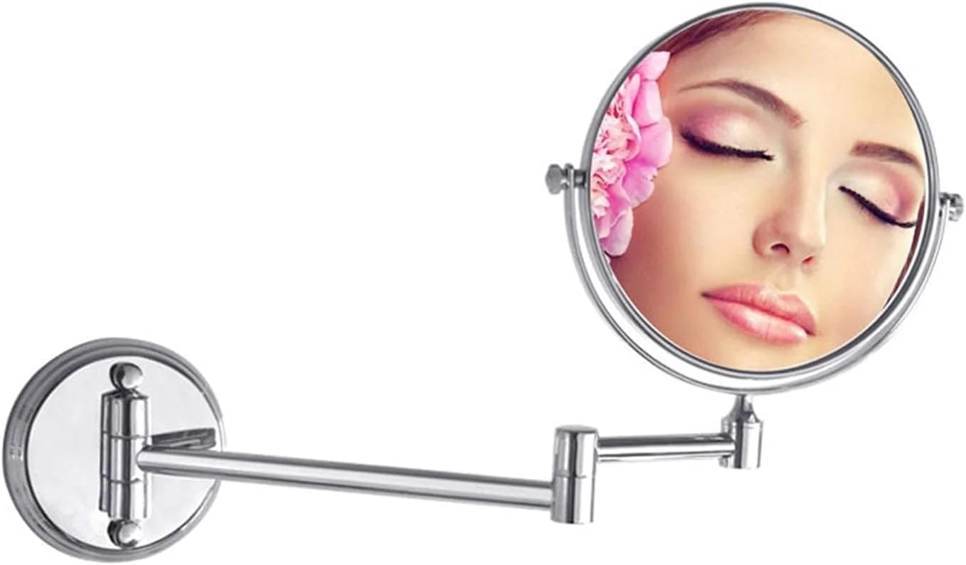 آینه آرایشی با بزرگنمایی 3 برابر، قابلیت چرخش 360 درجه و بازویی تاشو، آینه گرد حمام، آینه اصلاح صورت، آینه آرایشی (رنگ: کروم، سایز: 8 اینچ) (کروم 8 اینچ)