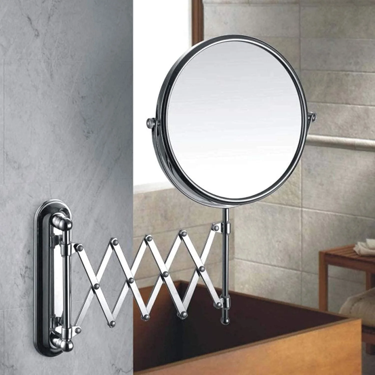 آینه آرایشی دیواری با بزرگنمایی 10 برابر، آینه حمام دیواری گرد با قابلیت بزرگنمایی 8 اینچی، آینه آرایشی چرخان دو طرفه دیواری، با بازوی 15 اینچی