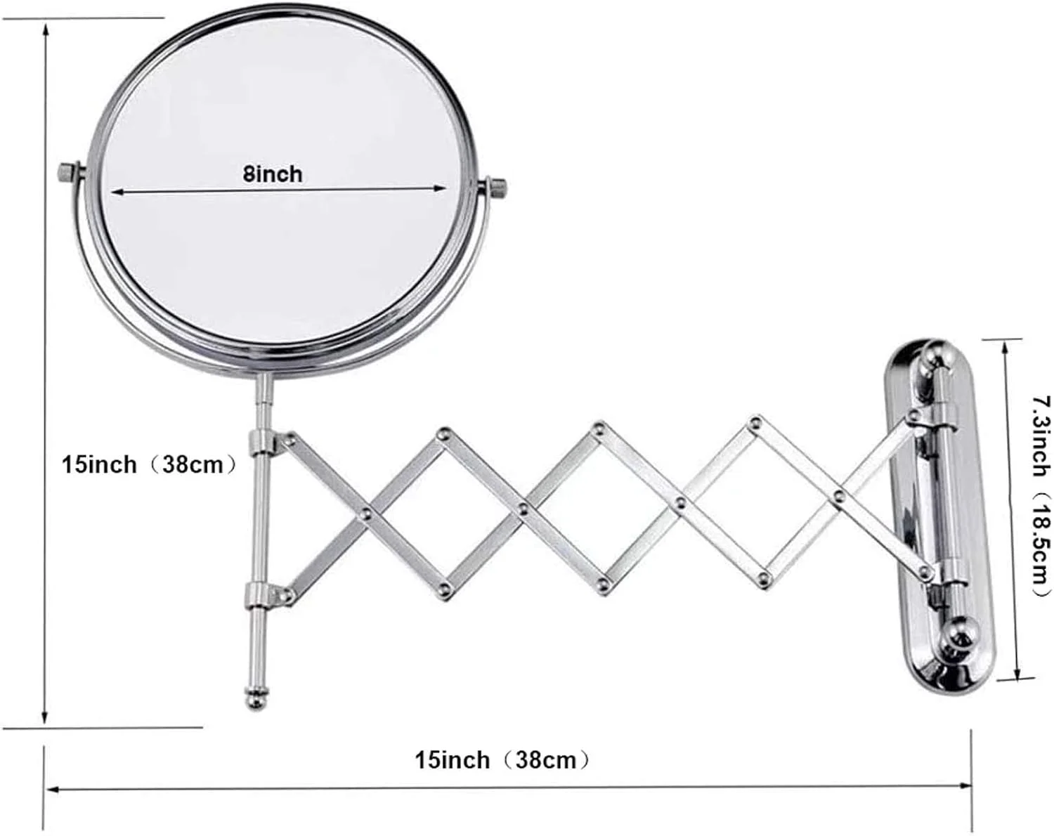 آینه آرایشی دیواری با بزرگنمایی 10 برابر، آینه حمام دیواری گرد با قابلیت بزرگنمایی 8 اینچی، آینه آرایشی چرخان دو طرفه دیواری، با بازوی 15 اینچی