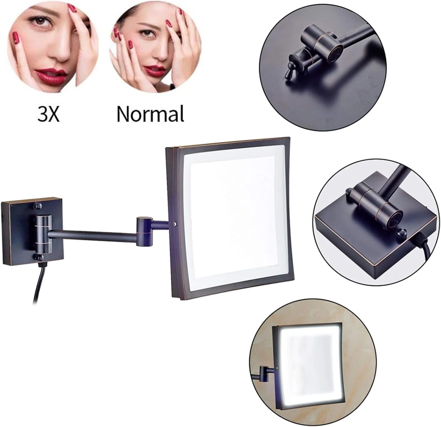 آینه آرایشی LED، آینه آرایشی بزرگنمایی برنجی 8 اینچی، آینه اصلاح دیواری حمام، آینه چرخان 360 درجه و قابل افزایش با دوشاخه، کروم، 3X LEOWE آینه آرایشی LED، آینه آرایشی بزرگنمایی برنجی 8 اینچی، آینه اصلاح دیواری حمام، آینه چرخان 360 درجه و قابل افزایش با دوشاخه، کروم، 3X LEOWE