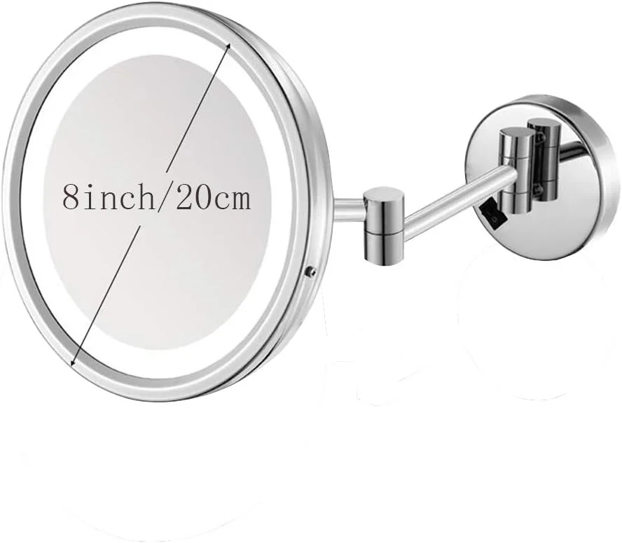 آینه آرایشی LED، آینه زیبایی با بزرگنمایی 3 برابر، آینه دیواری قابل نصب و گسترش برای حمام، آینه آرایشی با چرخش 360 درجه، اتصال سیمی، مشکی (رنگ: نقره ای) (نقره ای)
