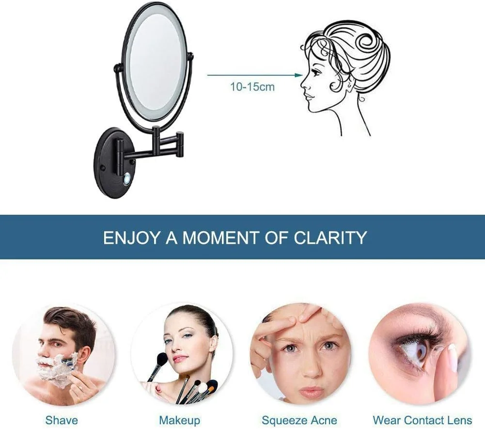 آینه اصلاح دیواری با بزرگنمایی 5 برابر، دو طرفه، تاشو، آینه حمام LED، صفحه لمسی، جمع شونده، چرخش 360 درجه، آینه آرایشی روشن، 8 اینچ