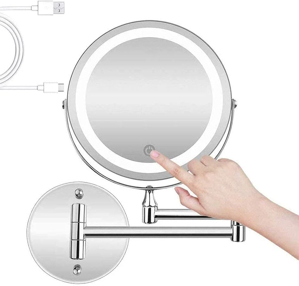آینه آرایشی دیواری SKipdr، آینه حمام LED تاشو دو طرفه با بزرگنمایی 10 برابر، آینه روشویی چرخان 360 درجه با نور، کابل USB یا کارکرد با باتری، 7 اینچ