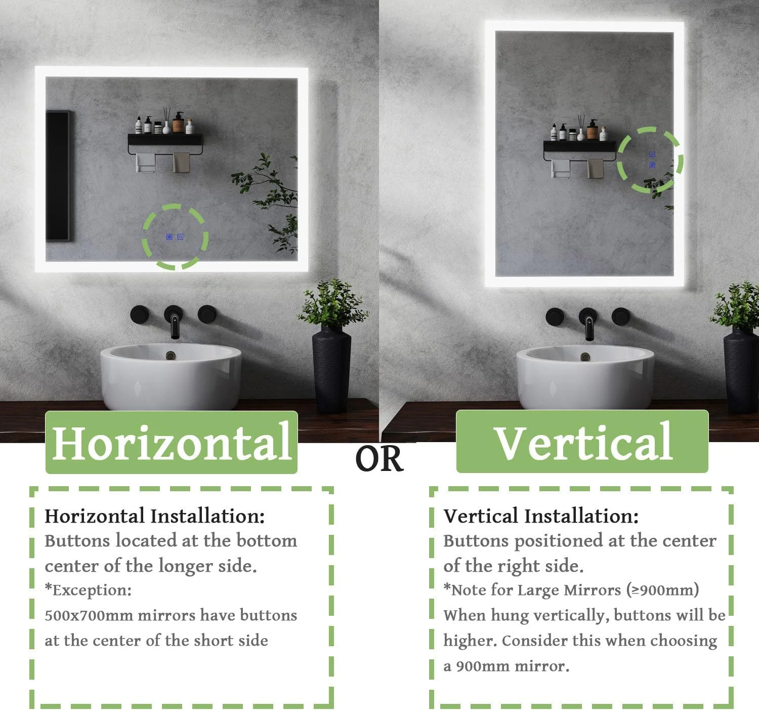 آینه حمام LED با نور پس زمینه MAERTS-E، ابعاد 800x600 میلی متر، آینه روشویی روشن با 2 دکمه لمسی کنترل جداگانه، 3 حالت نور، تنظیم روشنایی و ضد بخار، نصب عمودی یا افقی