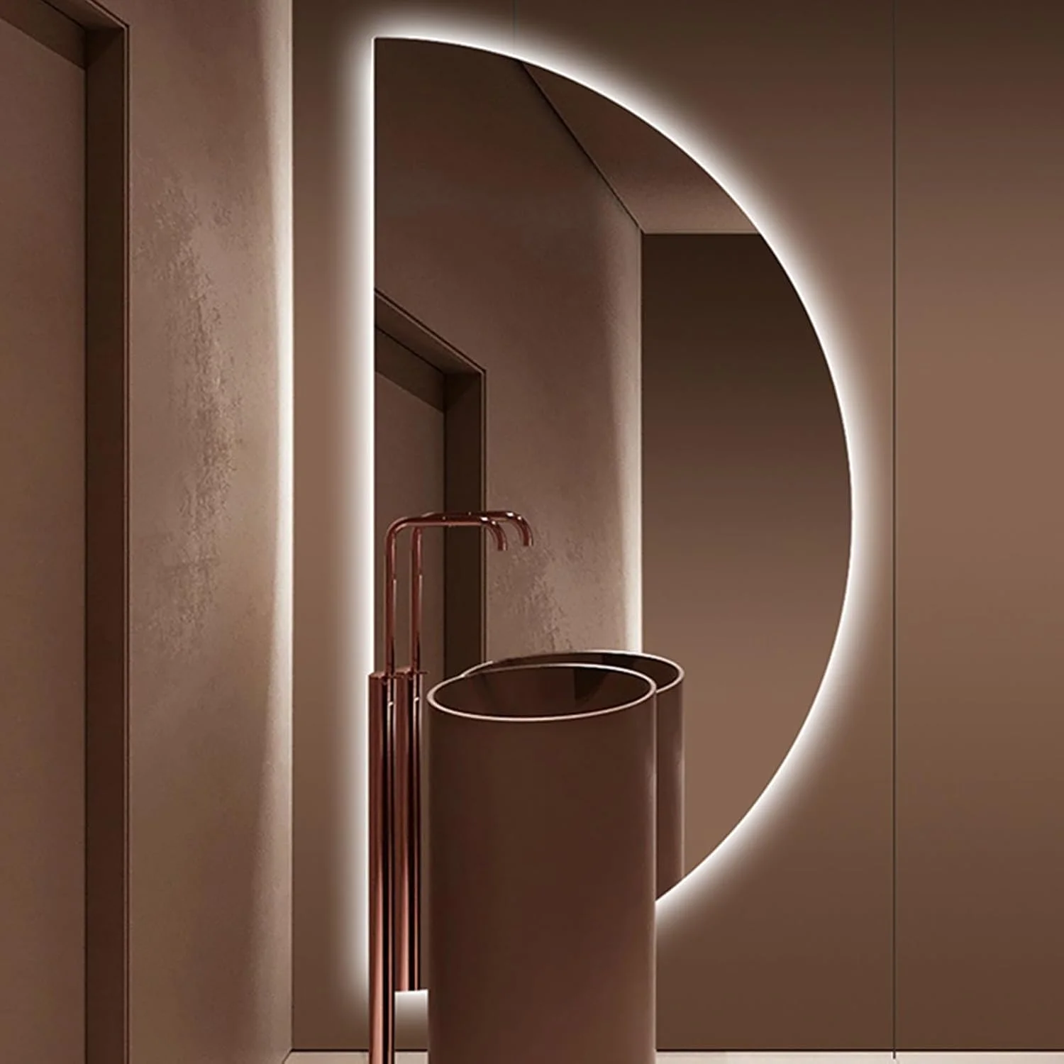 آینه حمام نیم دایره LYXWGRZD، آینه دیواری نامنظم نیمه ماه با عملکرد ضد مه، آینه روشویی حمام LED با نورپردازی 3 رنگ قابل تنظیم، نصب شده روی دیوار (رنگ: R، اندازه: 24x47 اینچ/6