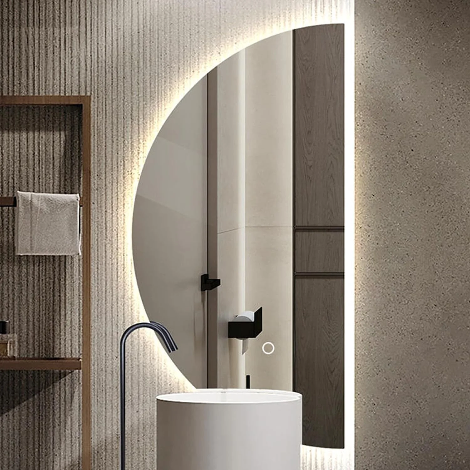آینه حمام نیم دایره LYXWGRZD، آینه دیواری نامنظم نیمه ماه با عملکرد ضد مه، آینه روشویی حمام LED با نورپردازی 3 رنگ قابل تنظیم، نصب شده روی دیوار (رنگ: L، اندازه: 16x31 اینچ/4