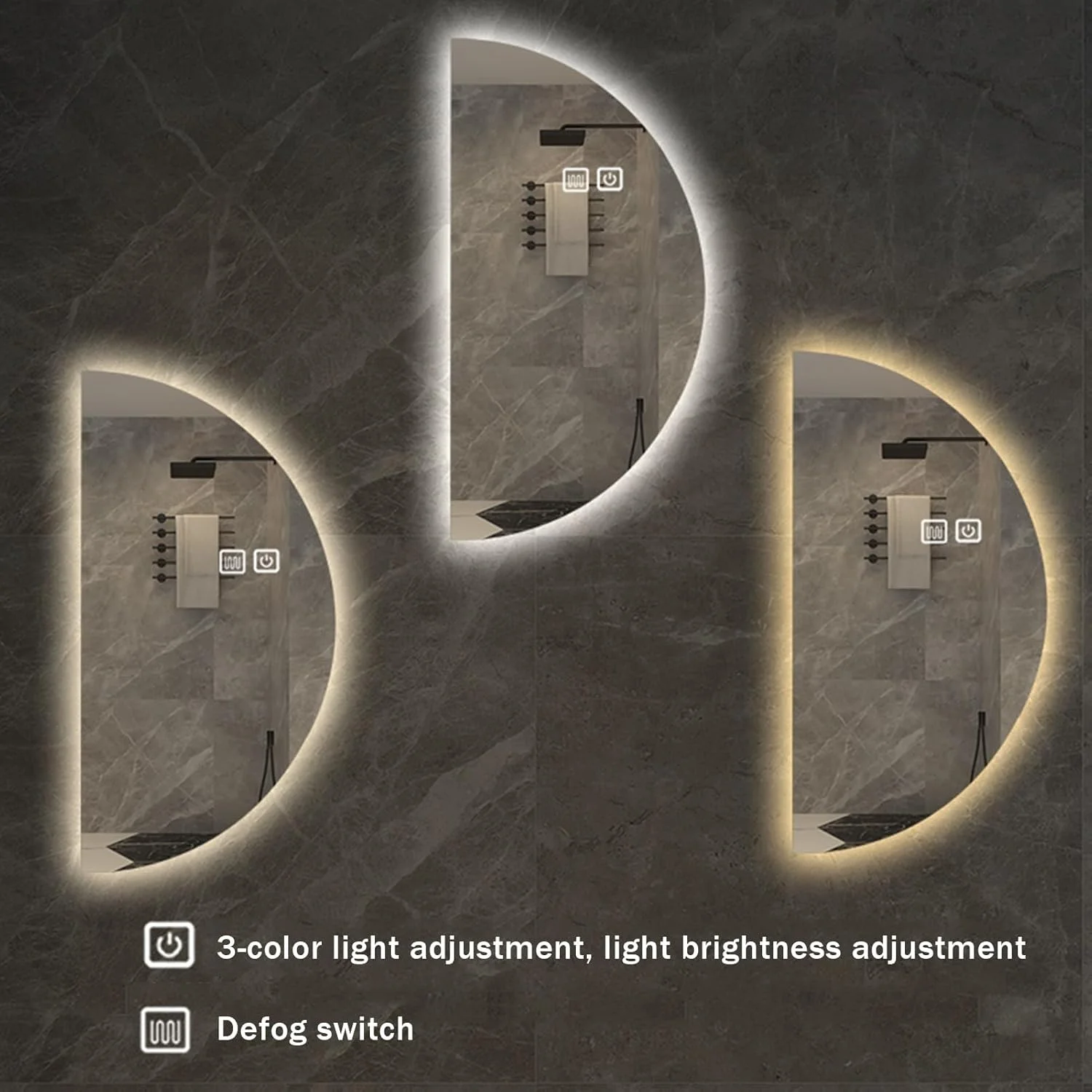 آینه حمام LED نیم دایره LYXWGRZD، آینه دیواری ضد مه، آینه دیواری نامنظم نیم گرد، آینه روشویی حمام با نورپردازی 3 رنگ و قابلیت تنظیم نور (رنگ: L، اندازه: 60x120 سانتی متر)