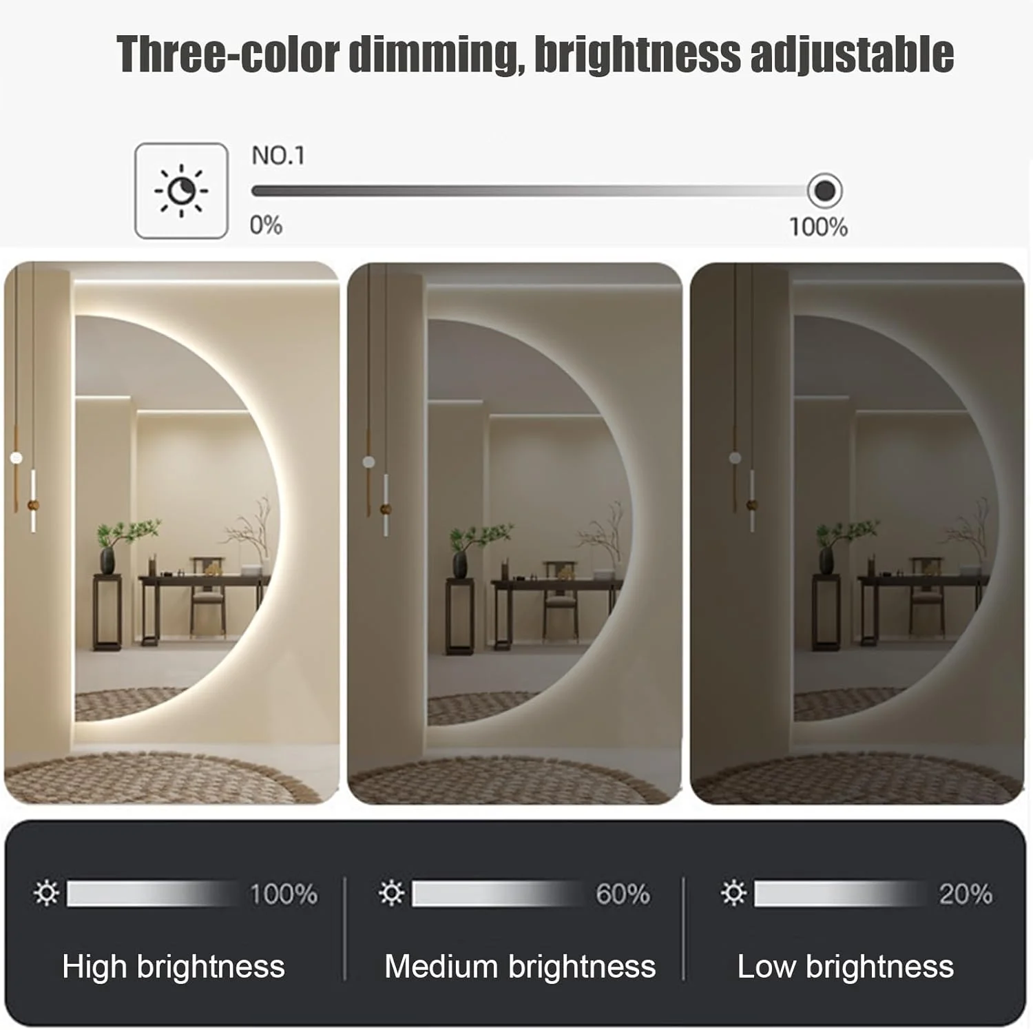 آینه حمام LED نیم دایره LYXWGRZD، آینه دیواری ضد مه، آینه دیواری نامنظم نیم گرد، آینه روشویی حمام با نورپردازی 3 رنگ و قابلیت تنظیم نور (رنگ: L، اندازه: 60x120 سانتی متر)