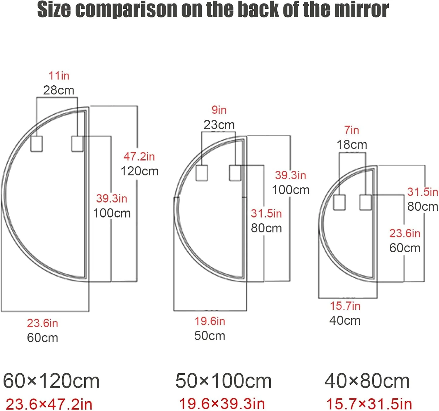 آینه حمام نیم دایره LYXWGRZD، آینه دیواری نامنظم نیمه ماه با عملکرد ضد مه، آینه روشویی حمام LED با نورپردازی 3 رنگ قابل تنظیم، نصب شده روی دیوار (رنگ: L، اندازه: 24x47 اینچ/6