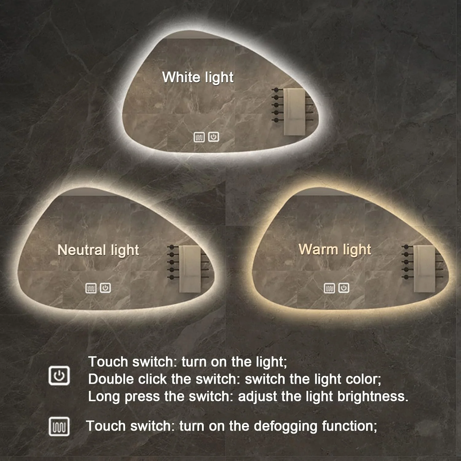 آینه حمام نامنظم LYXWGRZD، آینه دیواری با ضد بخار، آینه آرایش آویز با نور LED سه رنگ قابل تنظیم، برای راهرو/اتاق خواب/اتاق پرو، آینه تزئینی (رنگ: B، اندازه :