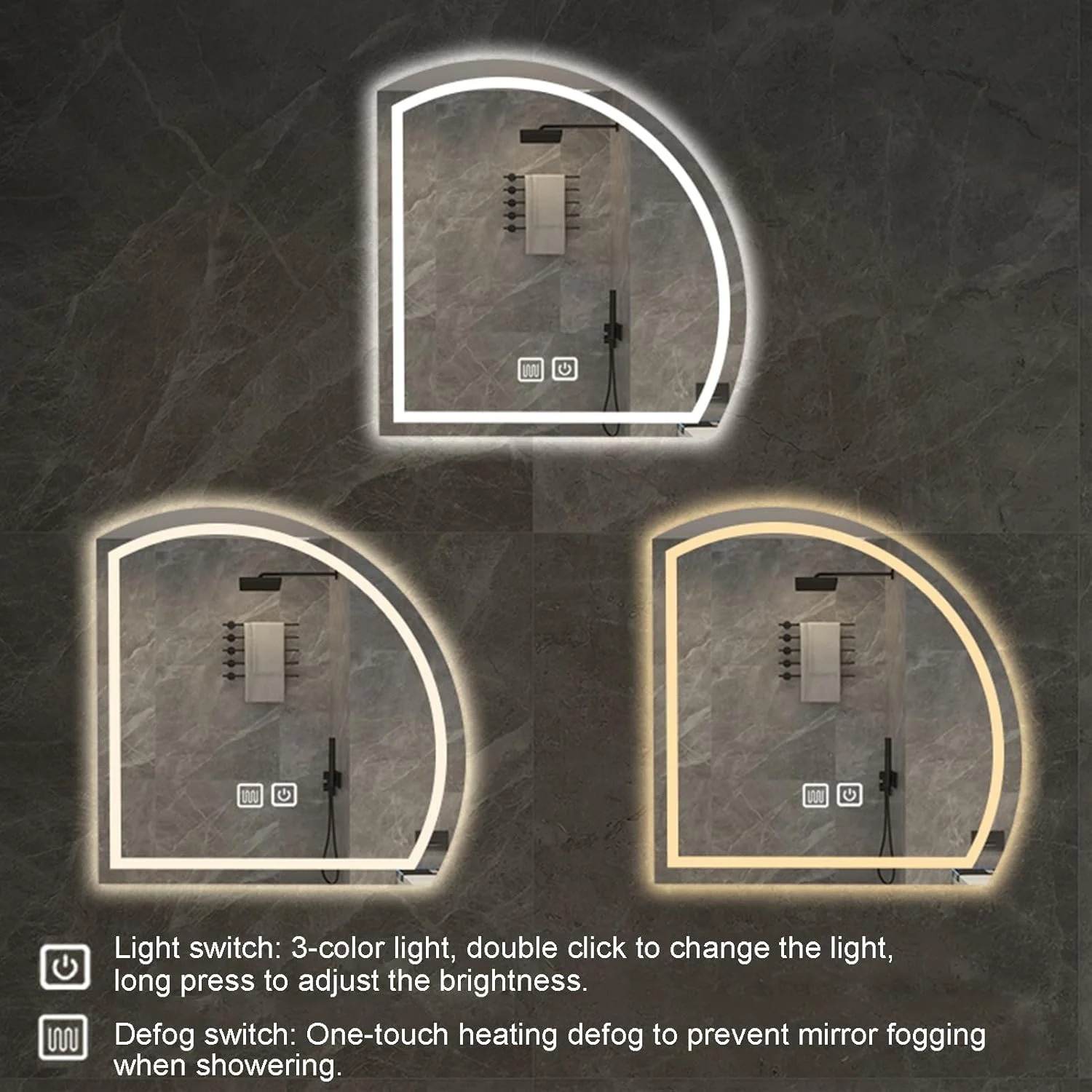 آینه حمام نامنظم LYXWGRZD با ضد بخار، آینه دیواری تزئینی، آینه آرایش نیم دایره ای با نور LED سه رنگ قابل تنظیم، برای حمام، اتاق نشیمن، اتاق خواب (رنگ: L-A، اندازه: 19.