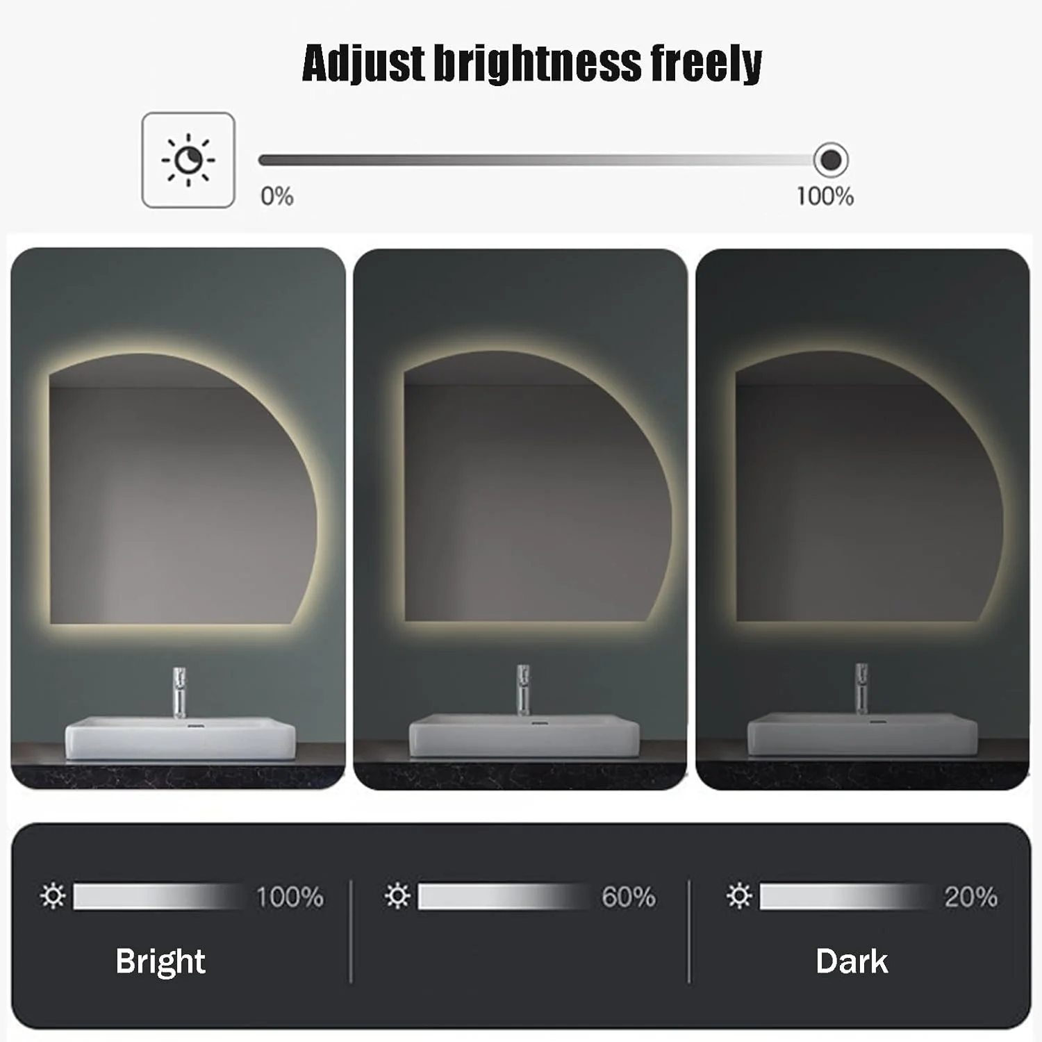 آینه حمام نامنظم LYXWGRZD با دیمستر، آینه دیواری تزئینی، آینه آرایش نیم دایره ای با نور LED سه رنگ قابل تنظیم، برای حمام، اتاق نشیمن، اتاق خواب (رنگ: L-A، اندازه: 31.