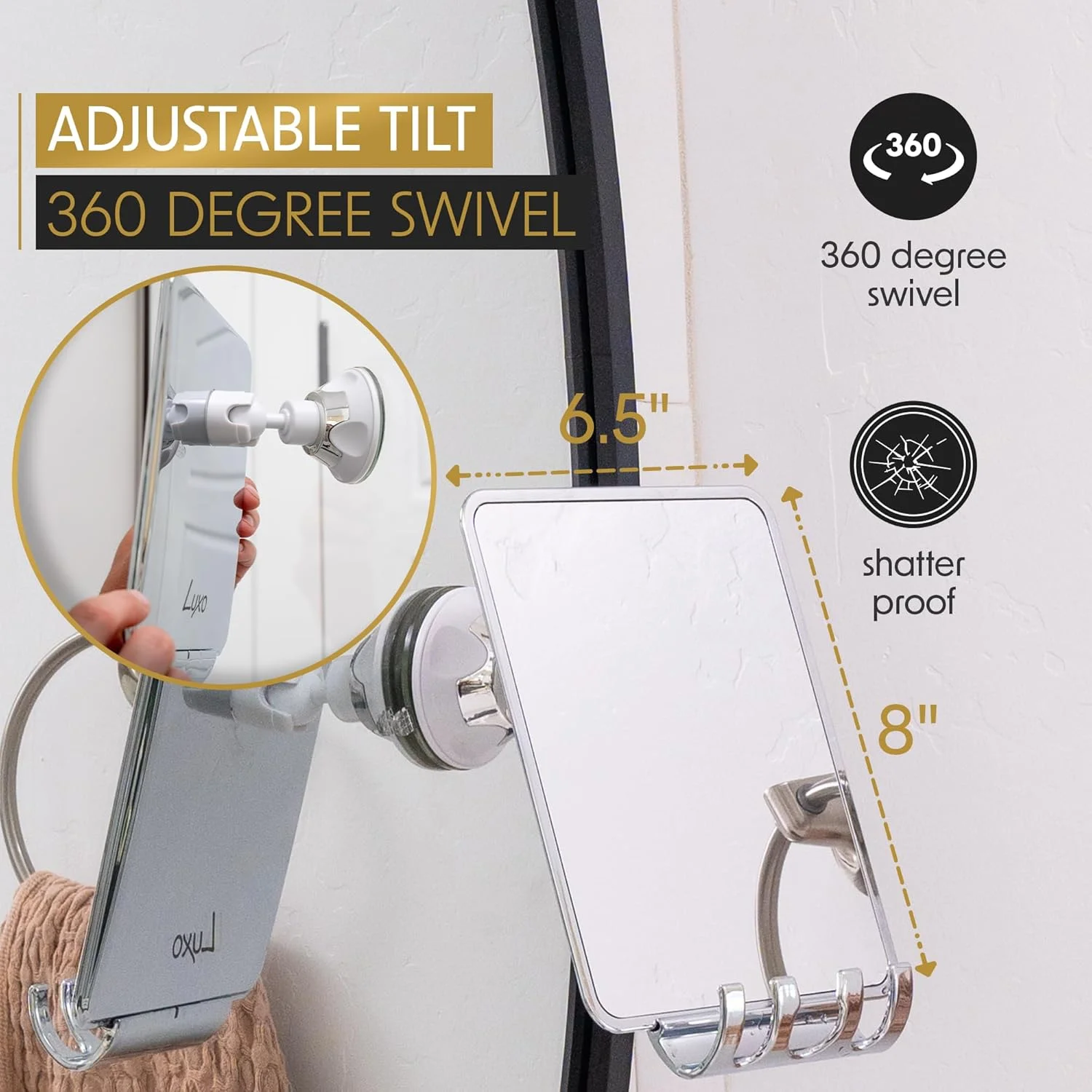 آینه حمام لوکسو، آینه بدون بخار برای اصلاح صورت با نگهدارنده تیغ قابل جابجایی - آینه اصلاح صورت برای حمام با مکنده قوی - آینه ضد ضربه بدون بخار برای حمام