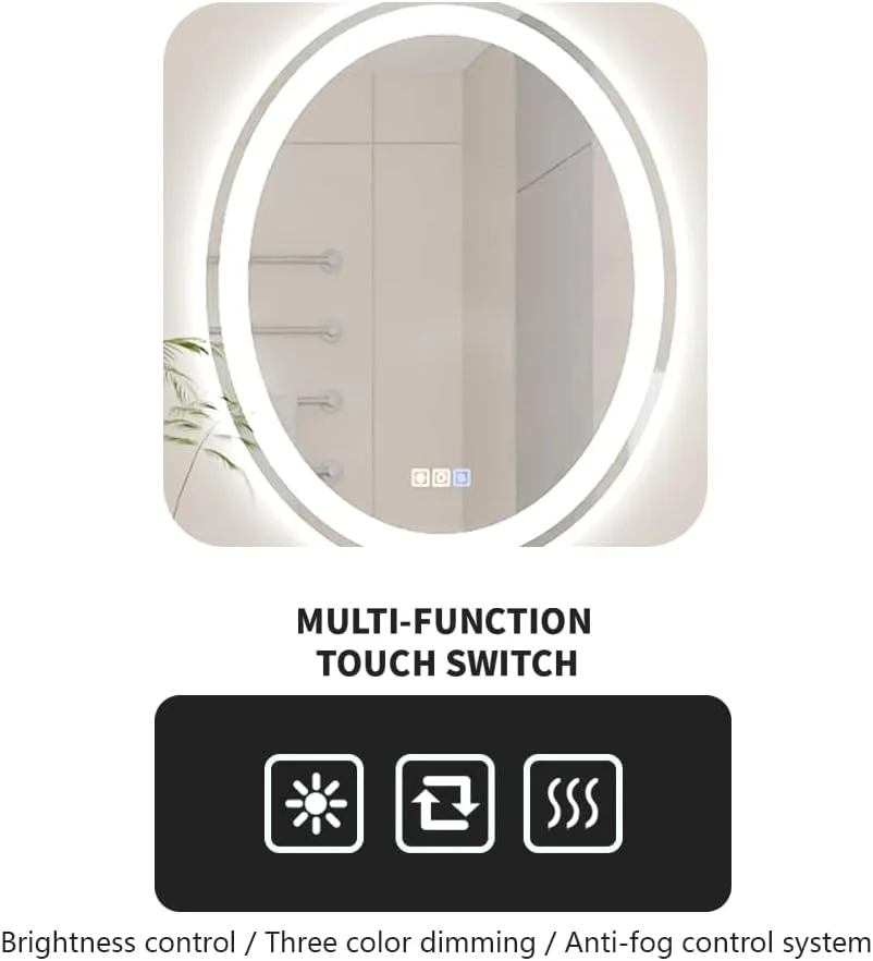آینه LED بیضی شکل Luminorcrest، 50 * 70 سانتی متر، آینه هوشمند حمام با نور، ضد بخار، 3 رنگ قابل تنظیم، نورپردازی جلو و عقب، CRI90+، دکمه لمسی