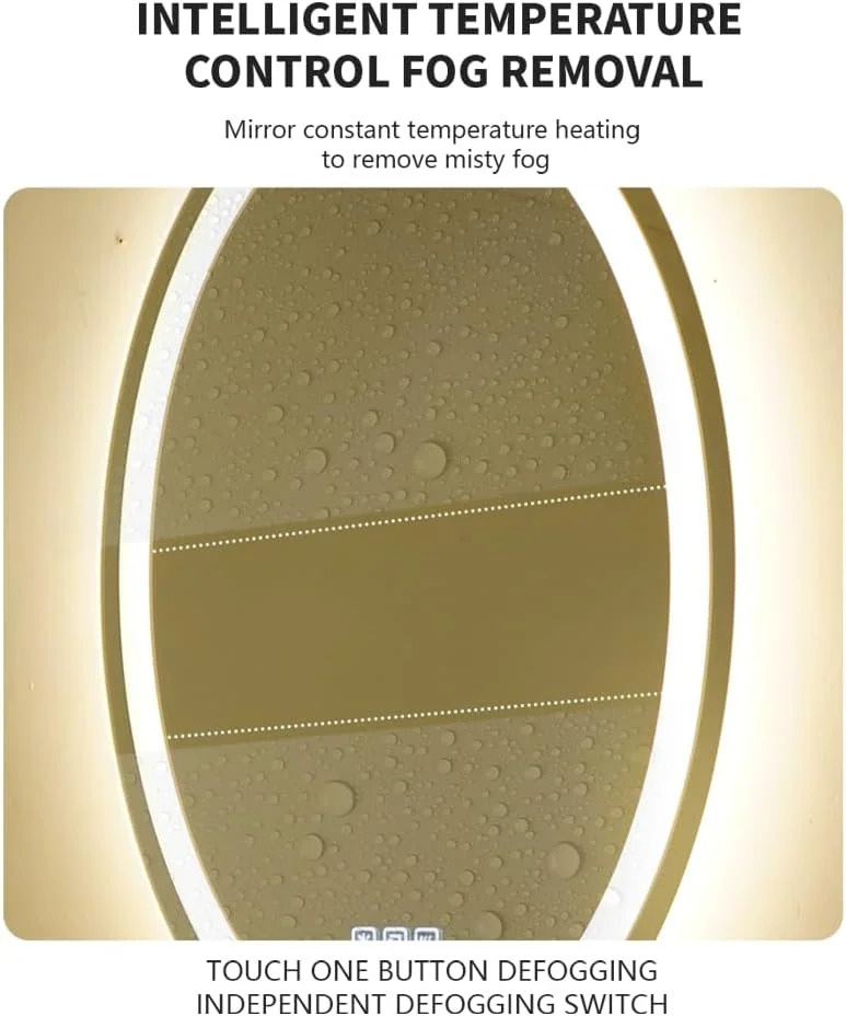 آینه LED بیضی شکل Luminorcrest، 50 * 70 سانتی متر، آینه هوشمند حمام با نور، ضد بخار، 3 رنگ قابل تنظیم، نورپردازی جلو و عقب، CRI90+، دکمه لمسی