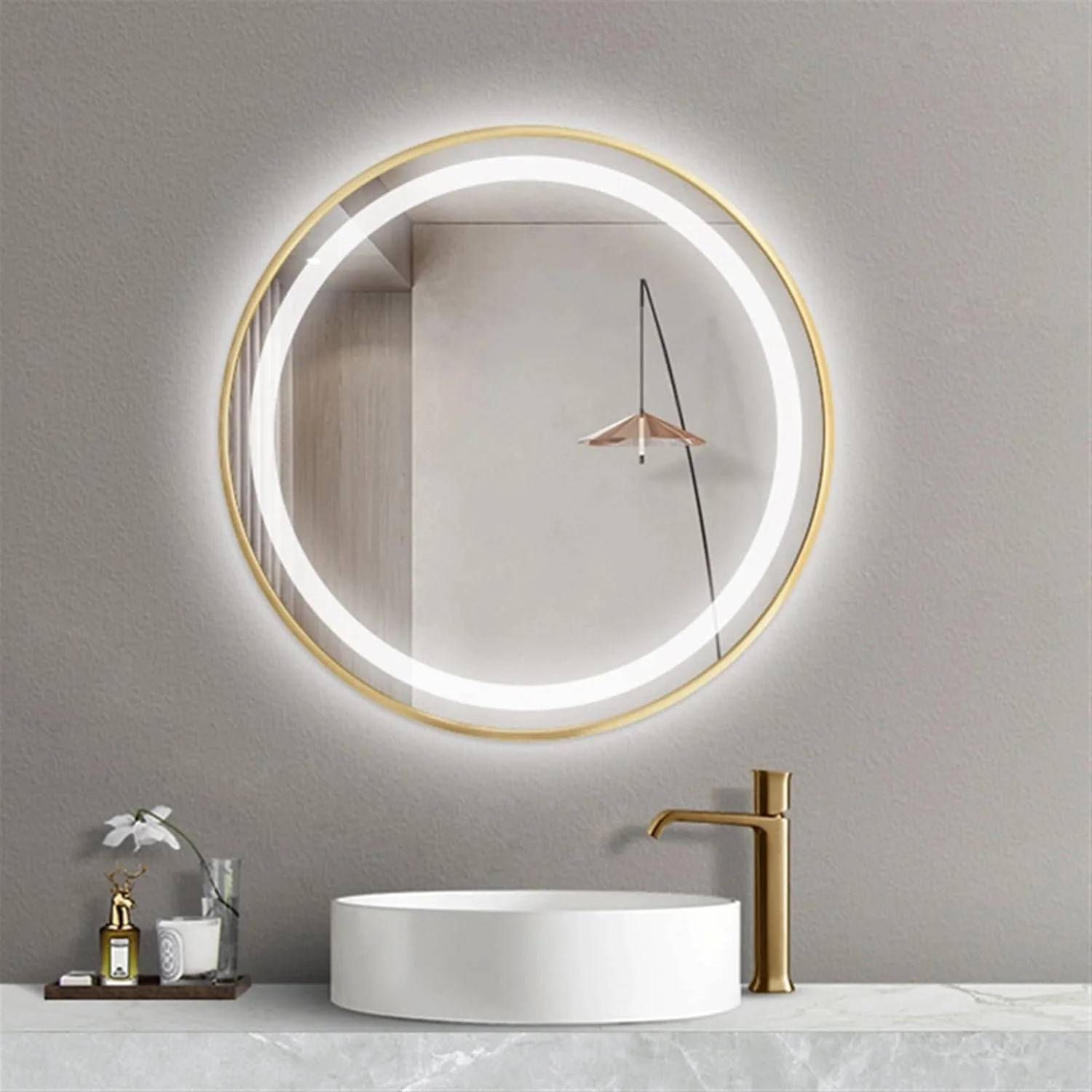 آینه حمام LOYOUYEO، آینه بزرگ حمام برای اصلاح صورت و آرایش، چسبی، گرد، مناسب دیوار، دارای نور پس زمینه