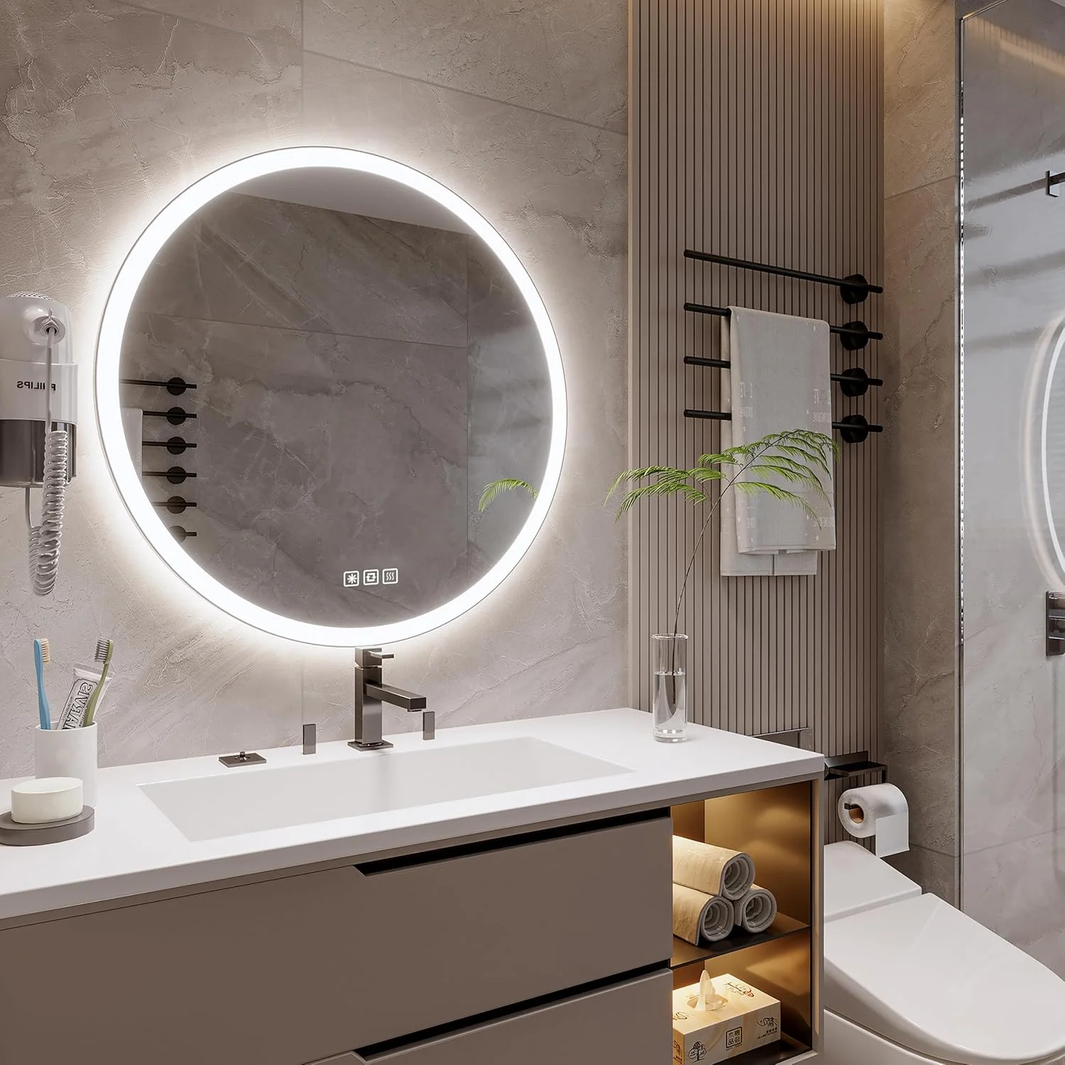 آینه LED گرد 80 سانتی متری Luminorcrest، آینه هوشمند حمام، آینه حمام با نور، ضد بخار، 3 رنگ قابل تنظیم، نور پس زمینه و جلو، CRI90+، دکمه لمسی