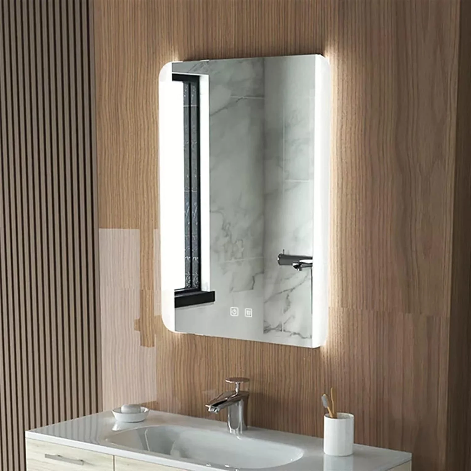 آینه حمام مستطیلی LOYOUYEO، آینه آرایشی هوشمند با قابلیت تنظیم نور، نصب دیواری، ضد بخار، دارای کلید لمسی مناسب هتل و میز آرایش