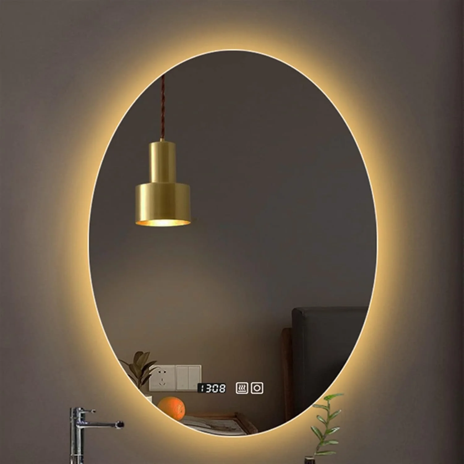 آینه حمام LOYOUYEO کلید دار، آینه روشویی بیضی شکل، آینه حمام هوشمند چراغ دار