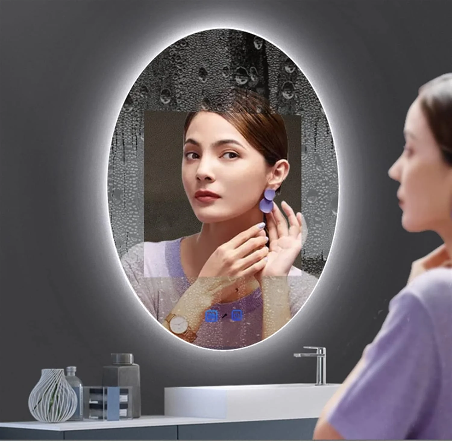 آینه حمام LOYOUYEO کلید دار، آینه روشویی بیضی شکل، آینه حمام هوشمند چراغ دار