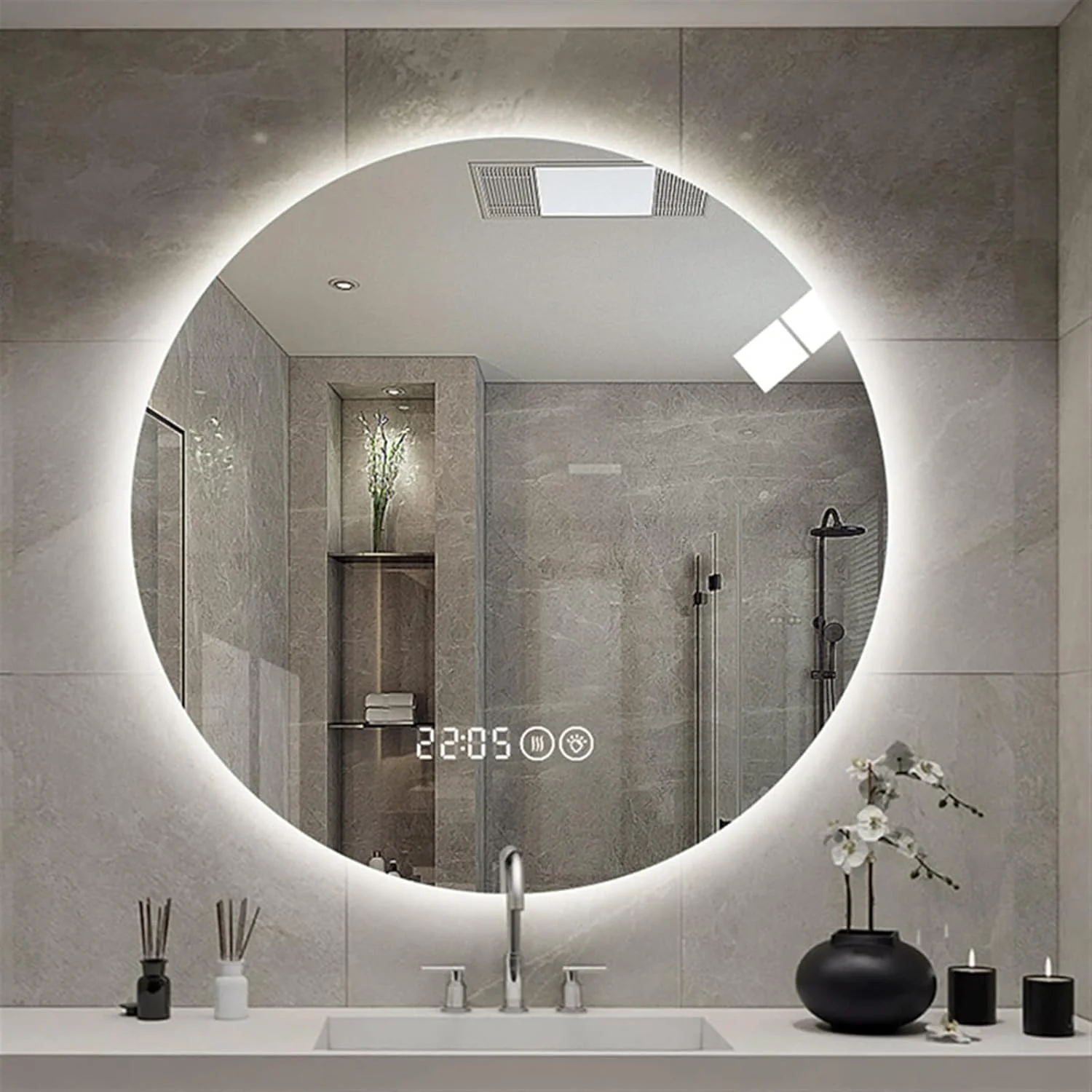 آینه حمام LOYOUYEO گرد دیواری، آینه حمام هوشمند با نور پس زمینه و چسب خودکار آینه حمام LOYOUYEO گرد دیواری، آینه حمام هوشمند با نور پس زمینه و چسب خودکار