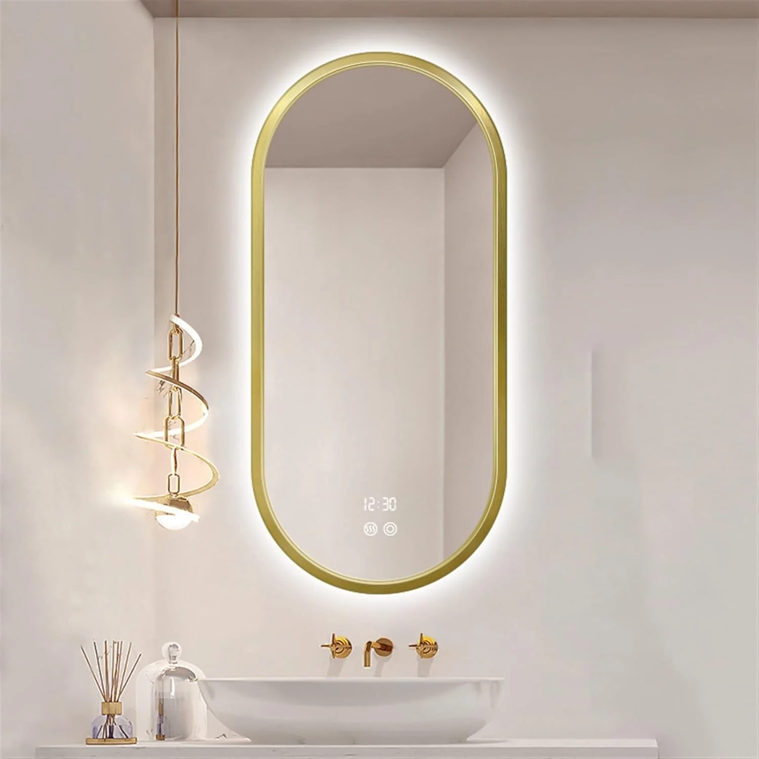 آینه حمام LOYOUYEO با قاب طلایی، طراحی بیضی شکل، آینه حمام نورپردازی شده، لوازم جانبی حمام