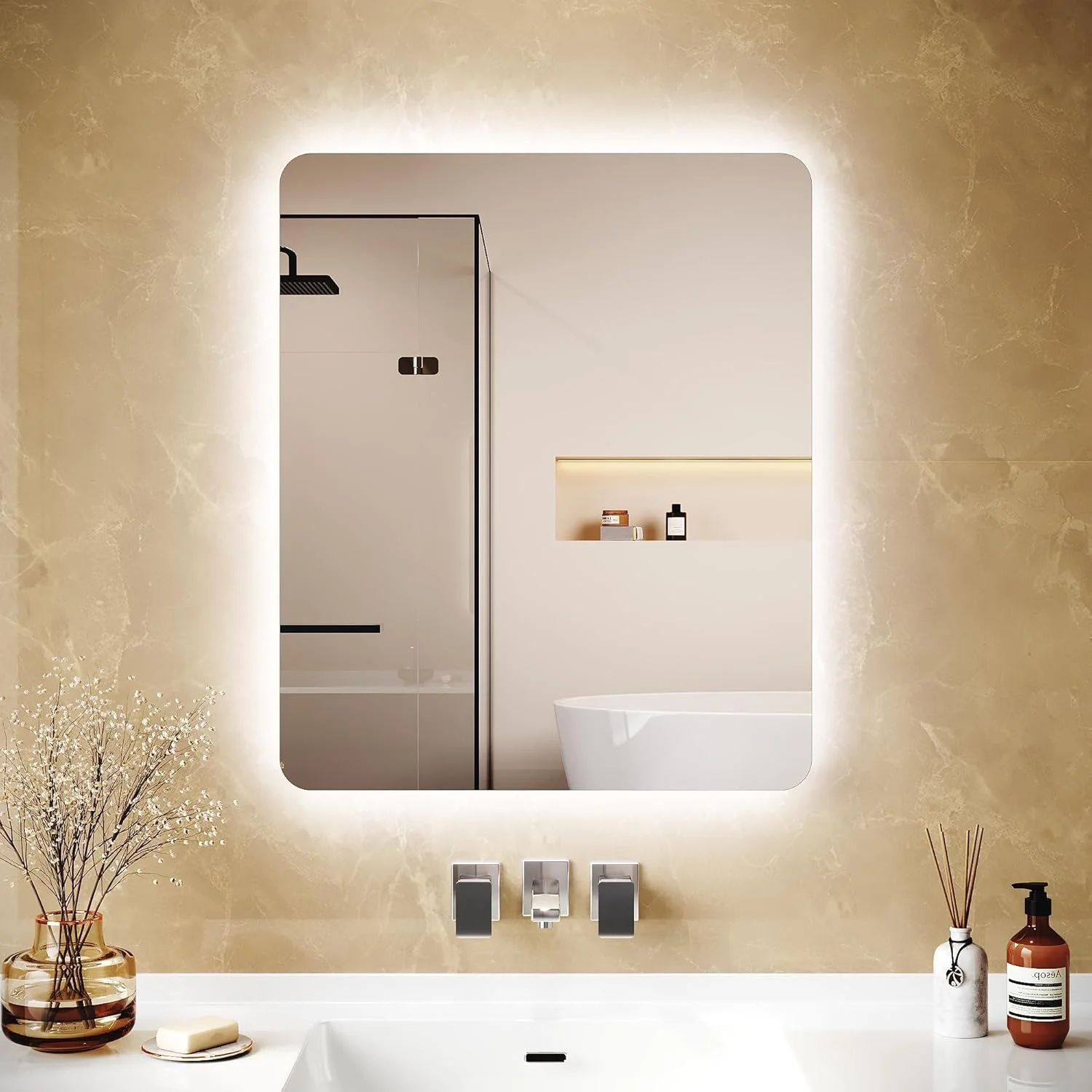 آینه حمام لومیکن با نورپردازی، آینه با روشنایی، 60 x 50 x 3.5 سانتی متر، آینه حمام با نور، LED، صرفه جویی در انرژی، عمودی/افقی