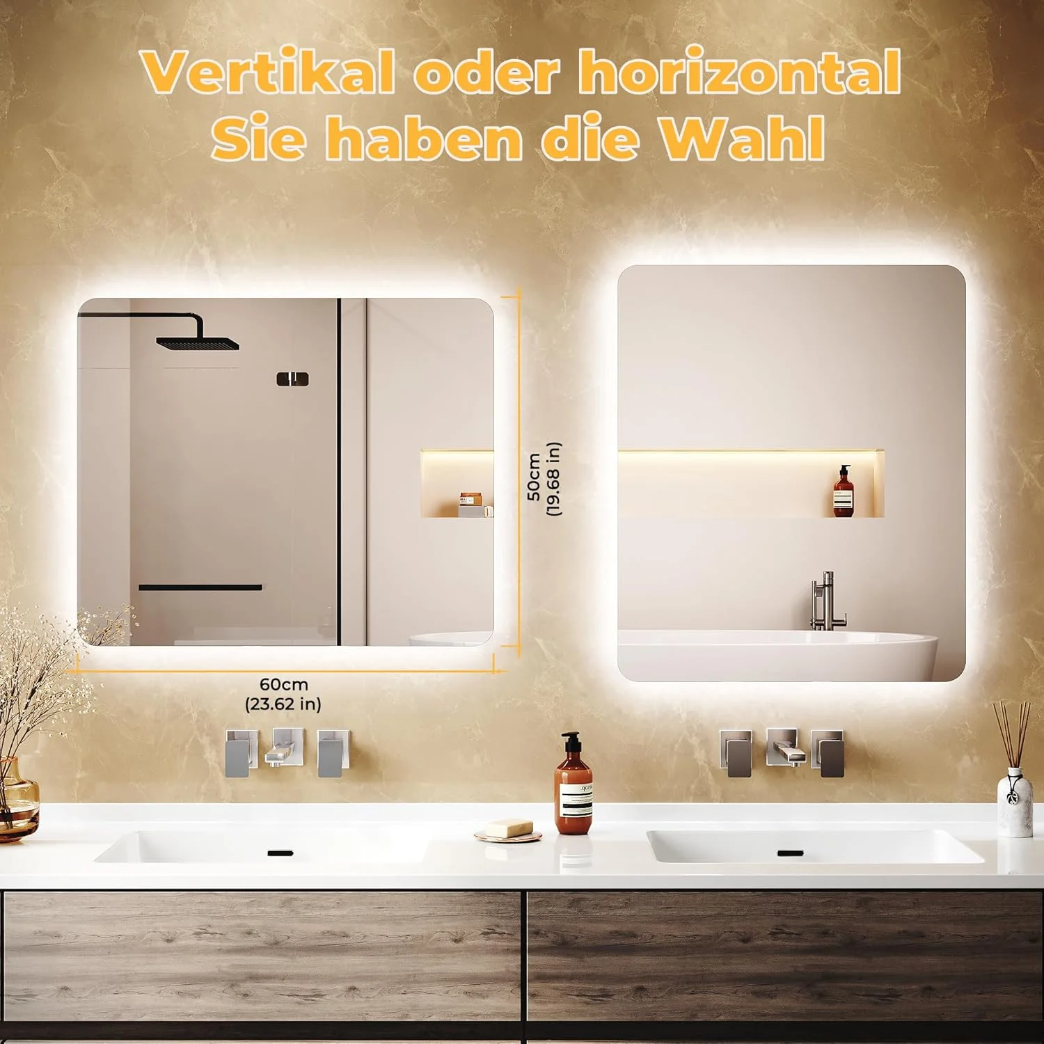 آینه حمام لومیکن با نورپردازی، آینه با روشنایی، 60 x 50 x 3.5 سانتی متر، آینه حمام با نور، LED، صرفه جویی در انرژی، عمودی/افقی