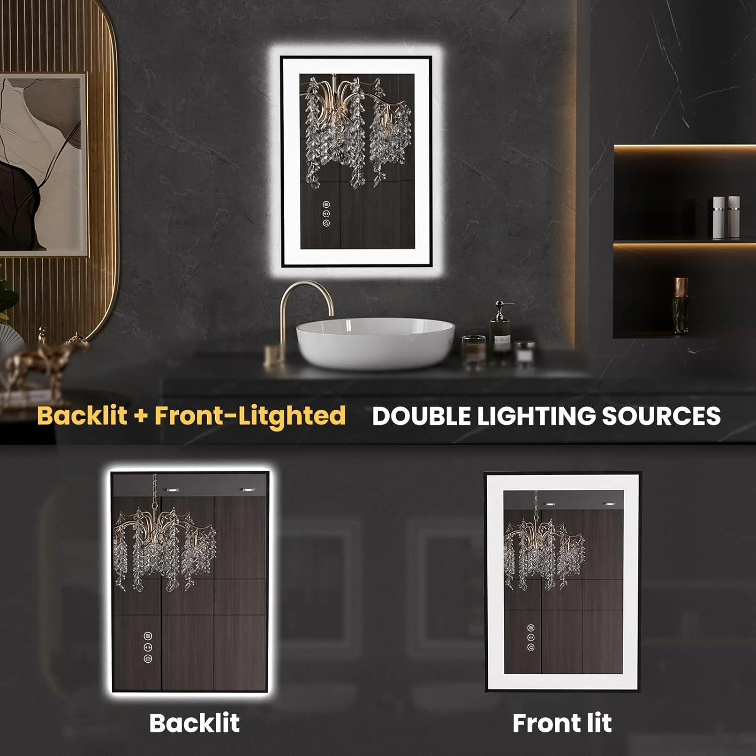 آینه حمام ال ای دی LOAAO با قاب مشکی 50x70 سانتی متر، ضد بخار، آینه روشویی دیواری با نور قابل تنظیم و عملکرد حافظه، شیشه حرارت دیده آینه حمام ال ای دی LOAAO با قاب مشکی 50x70 سانتی متر، ضد بخار، آینه روشویی دیواری با نور قابل تنظیم و عملکرد حافظه، شیشه حرارت دیده