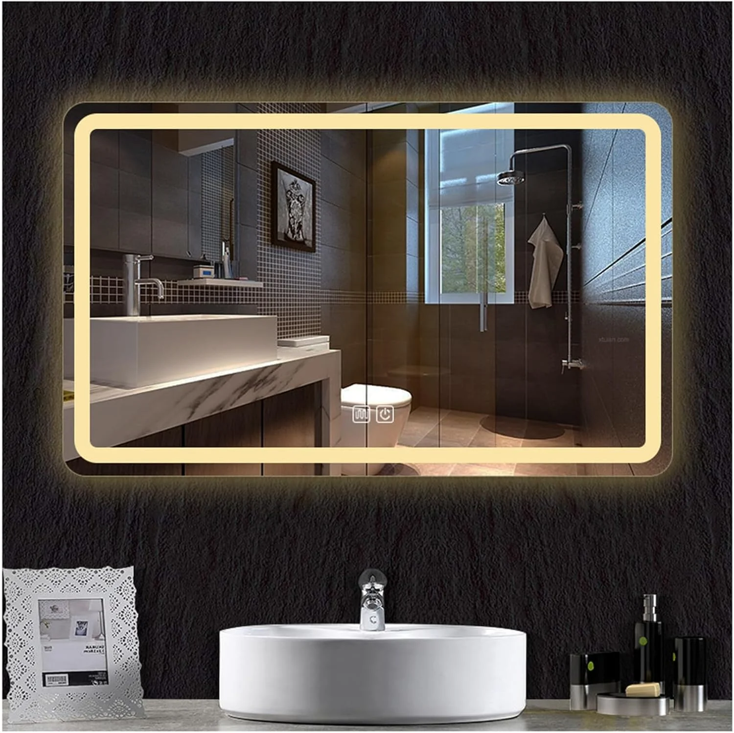 آینه حمام هوشمند با نور پس زمینه LED، آینه آرایش چراغ دار، ضد آب، ضد شکستگی، با حسگر لمسی/دیمر/پد ضد بخار (ارتفاع 50 * عرض 70 سانتی متر)