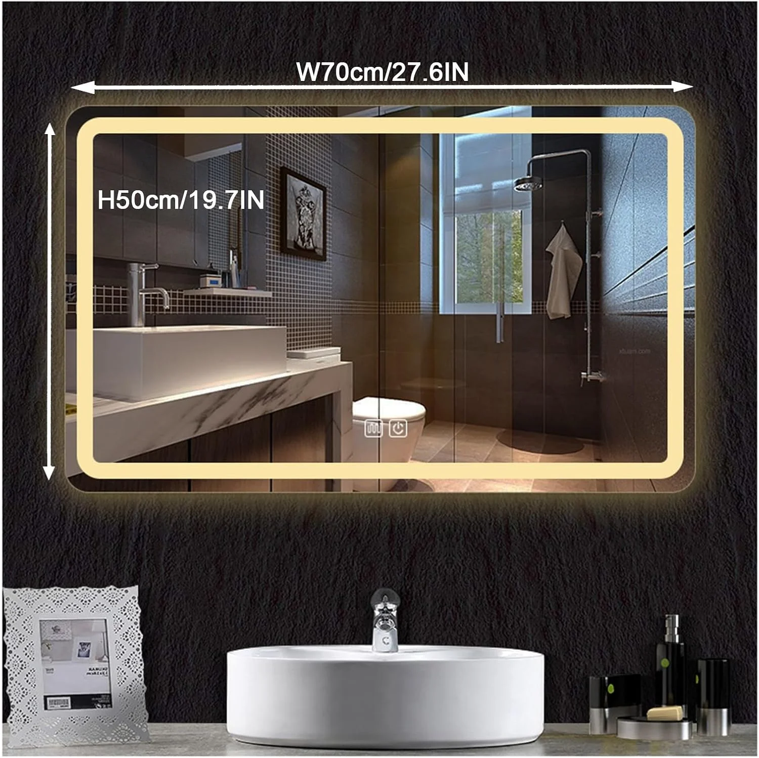 آینه حمام هوشمند با نور پس زمینه LED، آینه آرایش چراغ دار، ضد آب، ضد شکستگی، با حسگر لمسی/دیمر/پد ضد بخار (ارتفاع 50 * عرض 70 سانتی متر)