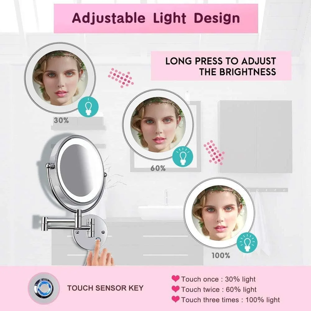 آینه آرایشی چراغ دار 5x دیواری، آینه اصلاح با بزرگنمایی و نور قابل تنظیم، آینه حمام با چراغ و بزرگنمایی، صفحه لمسی آینه آرایشی چراغ دار 5x دیواری، آینه اصلاح با بزرگنمایی و نور قابل تنظیم، آینه حمام با چراغ و بزرگنمایی، صفحه لمسی