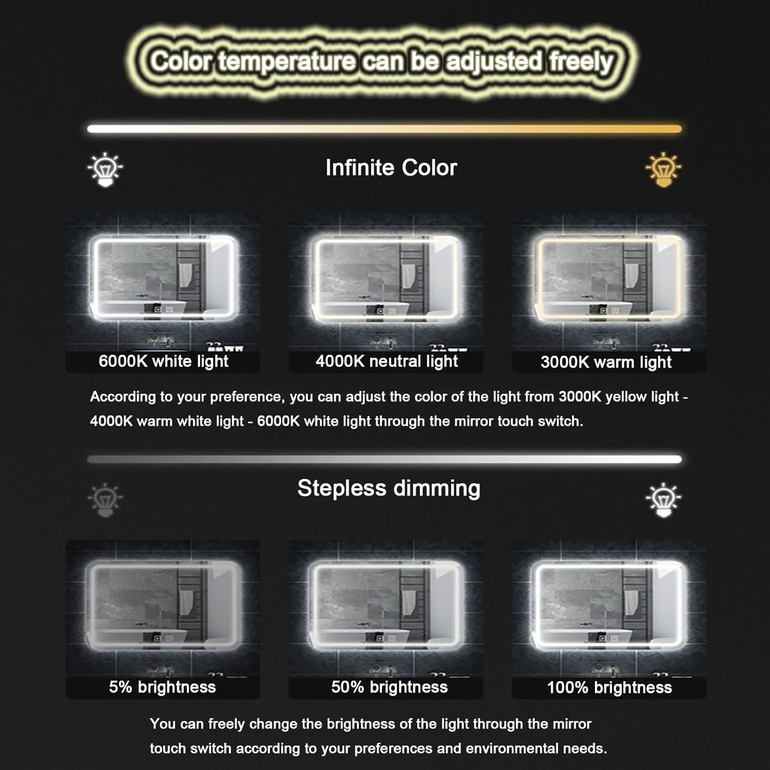 آینه حمام هوشمند با نور پس زمینه LED، آینه آرایش چراغ دار، ضد آب، ضد شکستگی، با حسگر لمسی/دیمر/پد ضد بخار (ارتفاع 50 * عرض 70 سانتی متر)