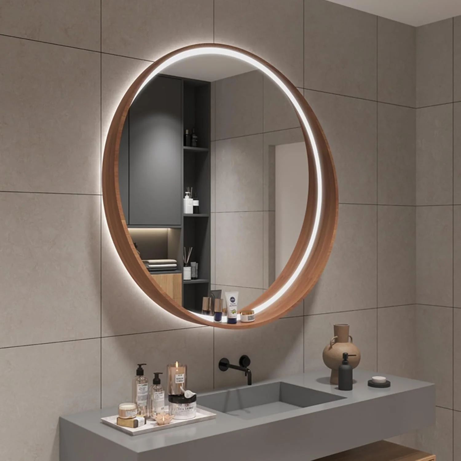 آینه چراغ دار با قاب چوبی، آینه گرد ال ای دی حمام، آینه روشویی دیواری روشن، آینه آرایش با حسگر لمسی، نور ال ای دی کم نور شونده 3 رنگ، IP44 (رنگ: چوب c)