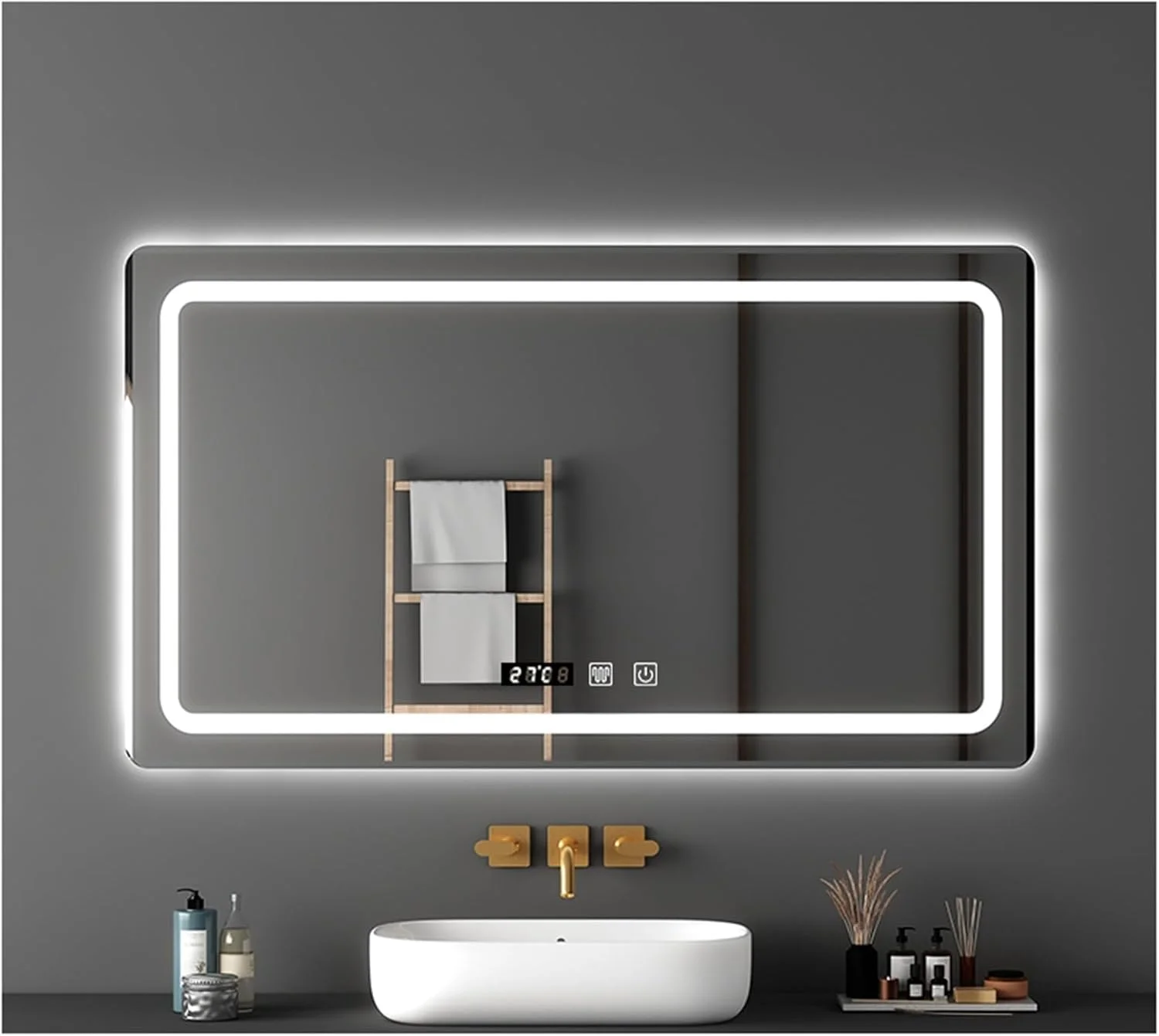 آینه حمام هوشمند با نور پس زمینه LED، آینه آرایش روشن برای حمام، دارای پد ضد بخار، کلید لمسی هوشمند، نور پس زمینه و نور جلو (H50*W70cm/H19.7*W27.6IN) (3"L x 2"W)