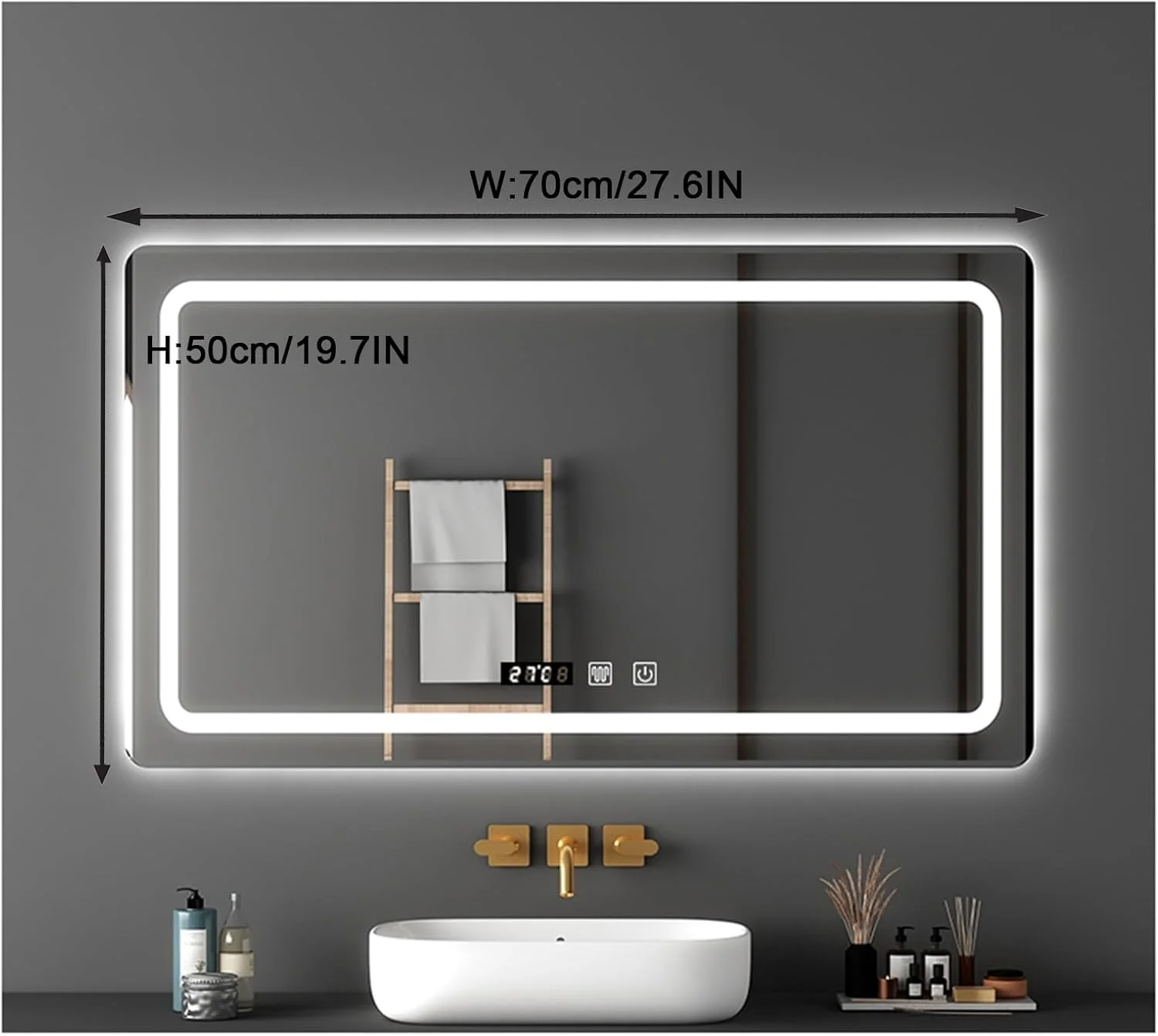 آینه حمام هوشمند با نور پس زمینه LED، آینه آرایش روشن برای حمام، دارای پد ضد بخار، کلید لمسی هوشمند، نور پس زمینه و نور جلو (H50*W70cm/H19.7*W27.6IN) (3"L x 2"W)