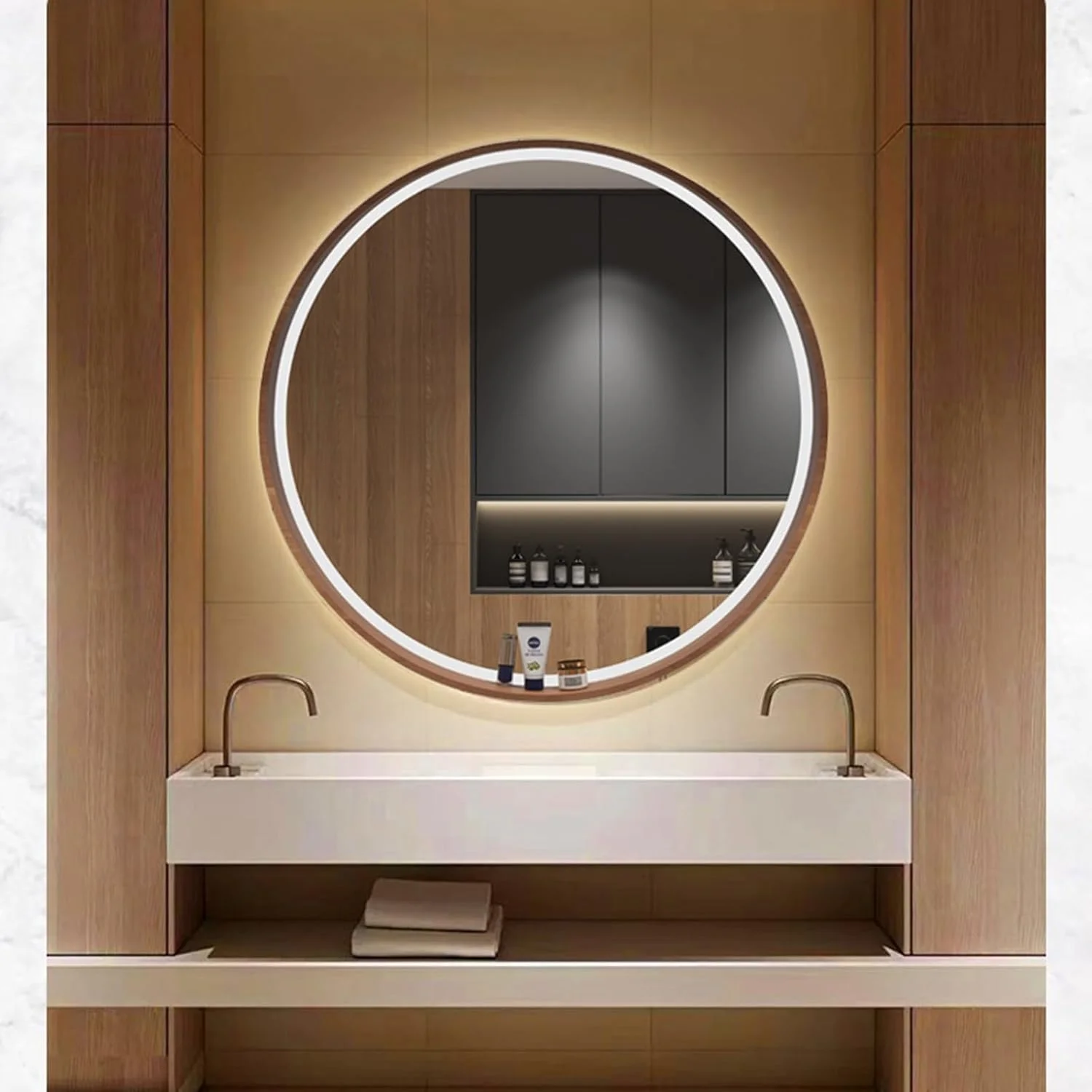 آینه چراغ دار با قاب چوبی، آینه گرد ال ای دی حمام، آینه روشویی دیواری روشن، آینه آرایش با حسگر لمسی، نور ال ای دی کم نور شونده 3 رنگ، IP44 (رنگ: چوب c) آینه چراغ دار با قاب چوبی، آینه گرد ال ای دی حمام، آینه روشویی دیواری روشن، آینه آرایش با حسگر لمسی، نور ال ای دی کم نور شونده 3 رنگ، IP44 (رنگ: چوب c)