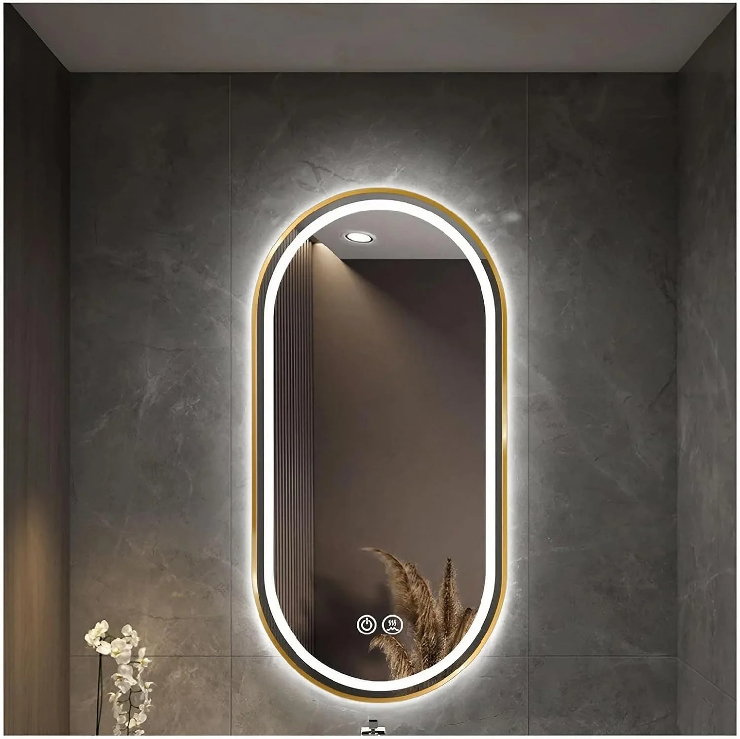 آینه حمام LED بزرگ 40x80 سانتی متری برای دیوار، آینه روشویی بیضی شکل با ضد مه، آینه آرایش با نوار LED ضد آب