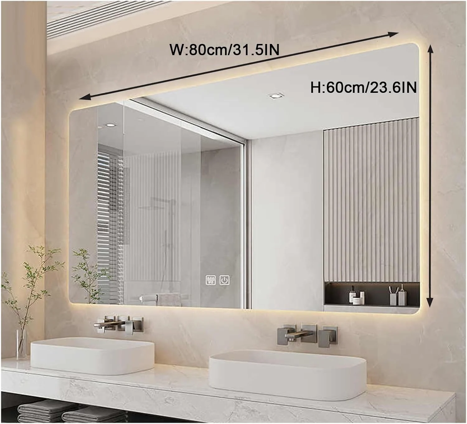 آینه حمام هوشمند نوردار دیواری، آینه حمام LED روشن، آرایش حمام نوردار، LED با نور پس زمینه، آینه دیواری با پد ضد بخار (H60*W80cm/H23.6*W31.5IN)