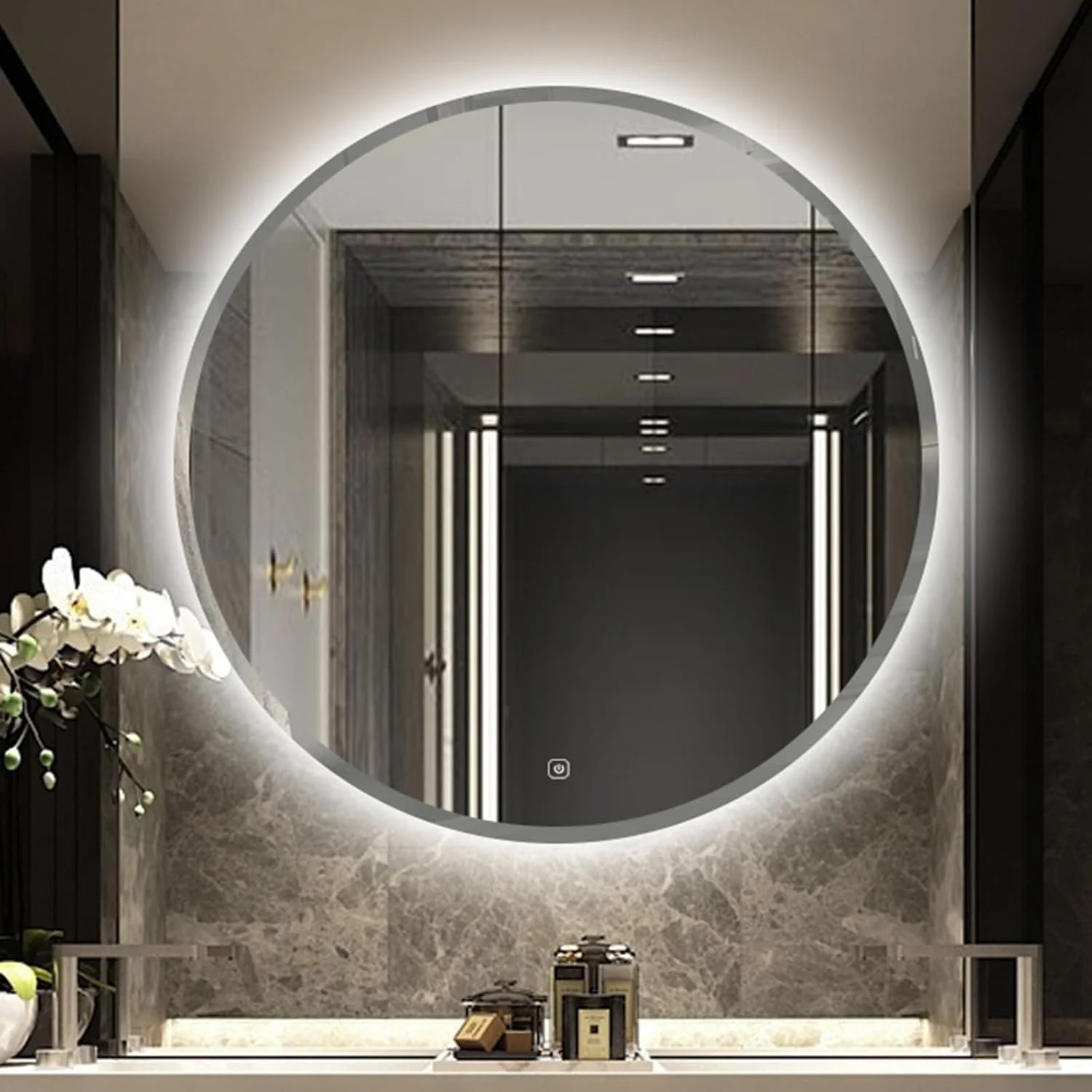 آینه گرد حمام با نور LED، آینه دیواری بدون قاب، طراحی مدرن لبه پخ دار، 50CM 60CM 70CM 80CM، آینه روشویی حمام HD، حافظه، عملکرد نور قابل تنظیم (سایز
