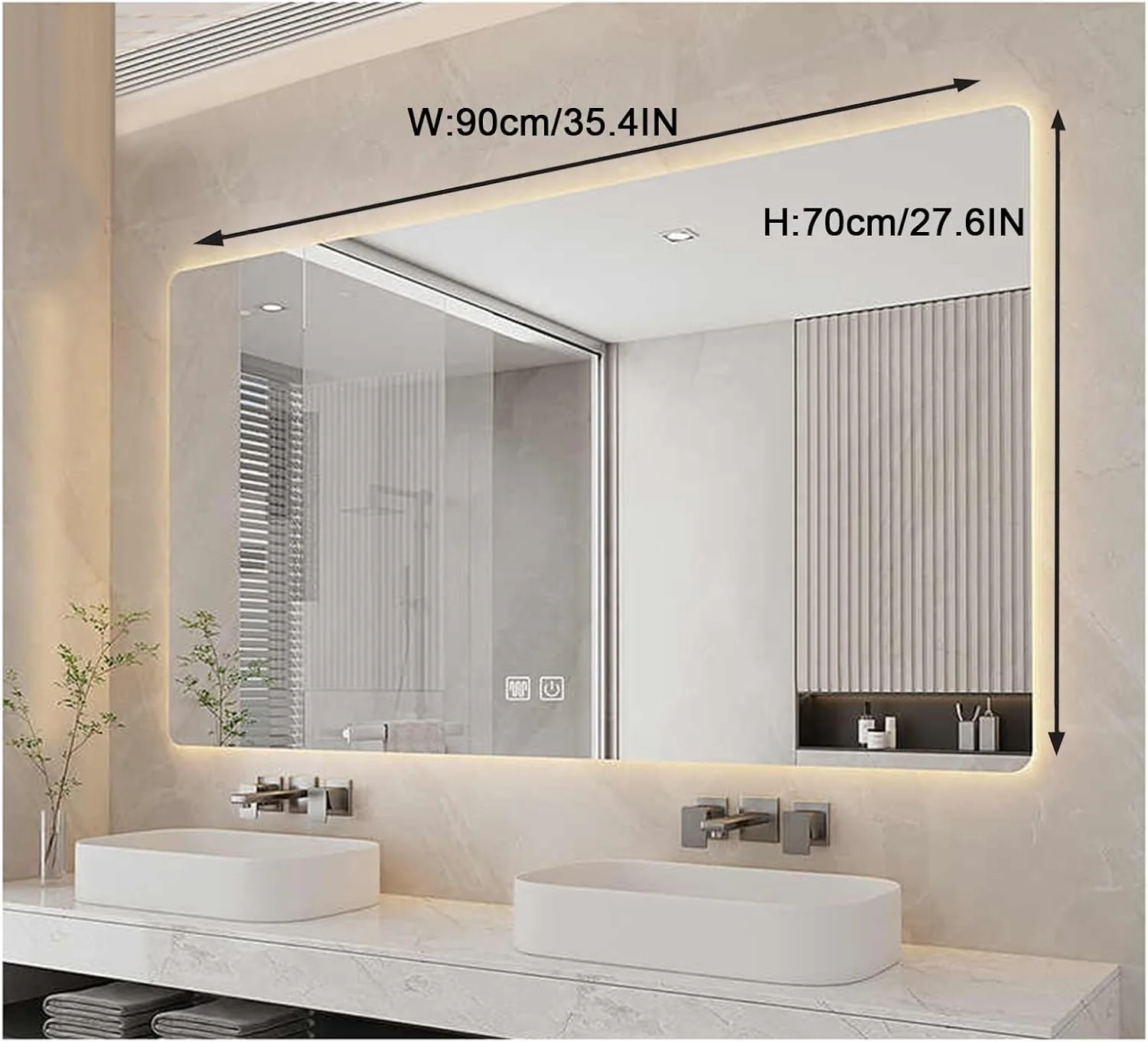 آینه حمام هوشمند چراغ دار دیواری، آینه حمام ال ای دی روشن، آرایش حمام چراغ دار، ال ای دی با نور پس زمینه، آینه دیواری با پد ضد بخار (H70*W90cm/H27.6*W35.4IN)