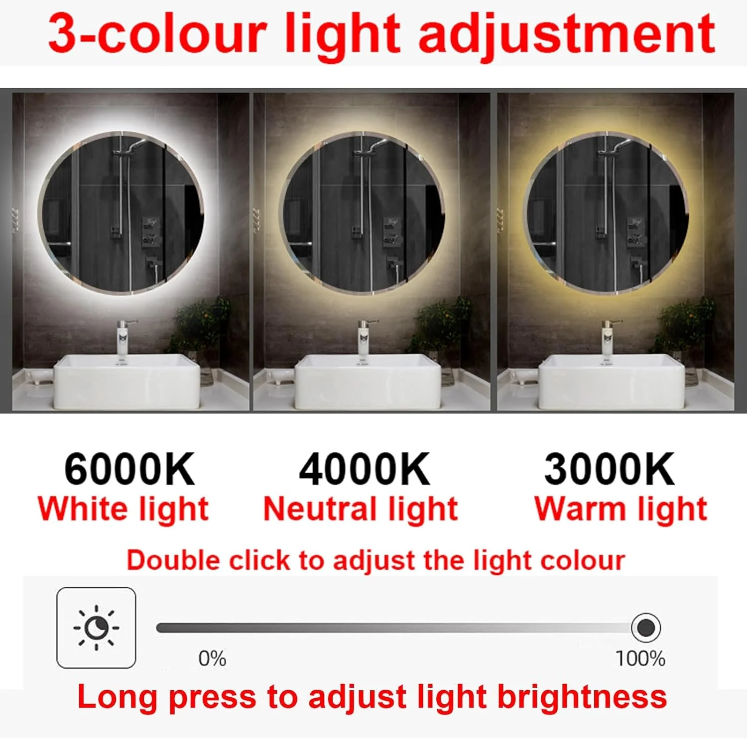 آینه گرد حمام با نور LED، آینه دیواری بدون قاب، طراحی مدرن لبه پخ دار، 50CM 60CM 70CM 80CM، آینه روشویی حمام HD، حافظه، عملکرد نور قابل تنظیم (سایز