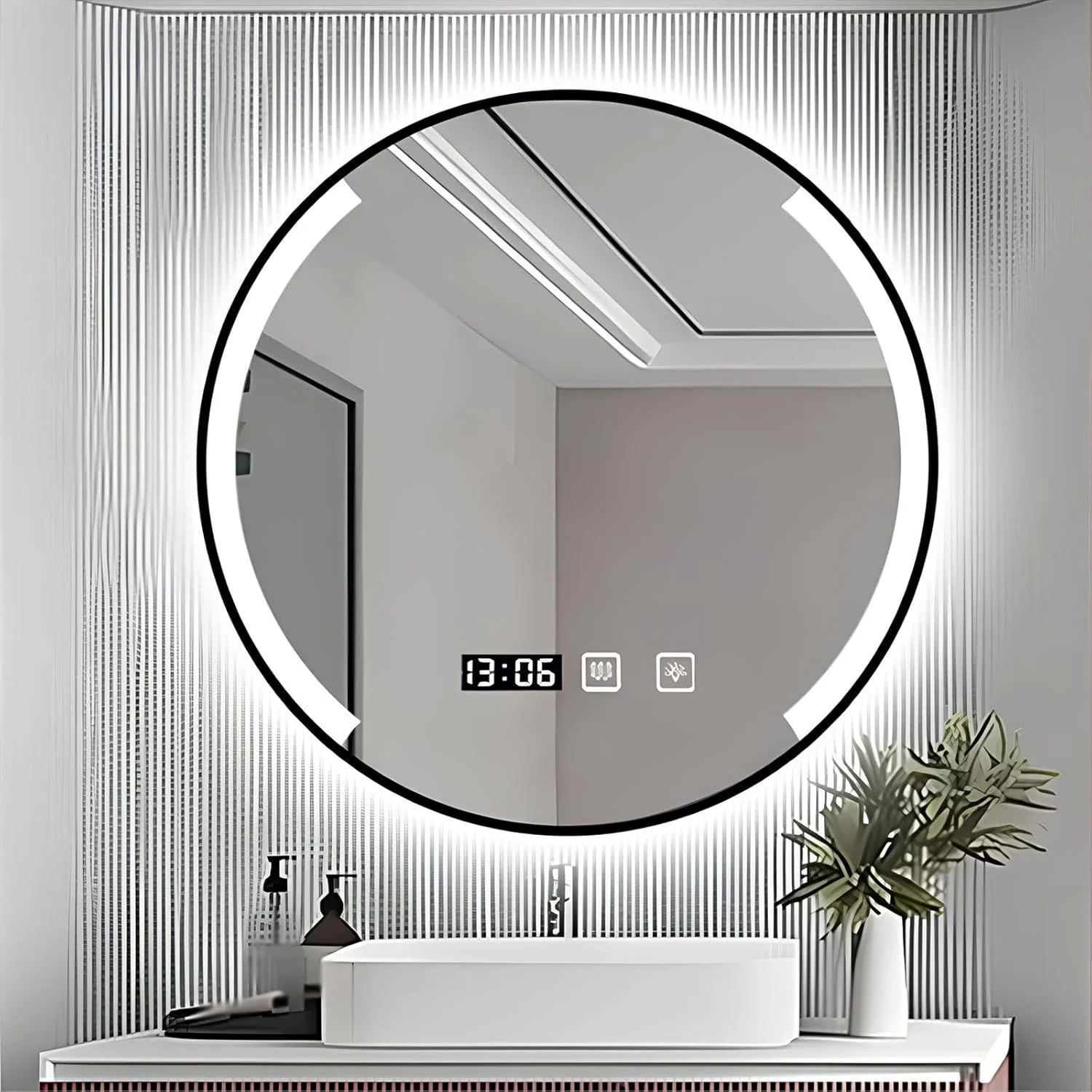 آینه حمام LED چراغ دار با قاب مشکی، آینه دیواری دایره ای ضد مه با نور پس زمینه و کنترل لمسی، دیمر دار، 3 رنگ، نمایش زمان و دما (50 سانتی متر/19.7 اینچ) (مشکی 70 سانتی متر/27.5 اینچ)