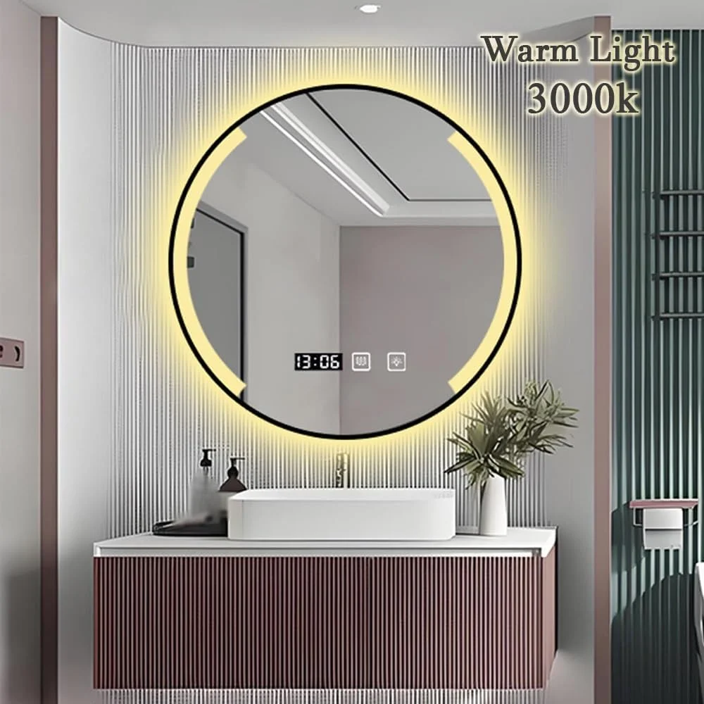 آینه حمام LED چراغ دار با قاب مشکی، آینه دیواری دایره ای ضد مه با نور پس زمینه و کنترل لمسی، دیمر دار، 3 رنگ، نمایش زمان و دما (50 سانتی متر/19.7 اینچ) (مشکی 70 سانتی متر/27.5 اینچ) آینه حمام LED چراغ دار با قاب مشکی، آینه دیواری دایره ای ضد مه با نور پس زمینه و کنترل لمسی، دیمر دار، 3 رنگ، نمایش زمان و دما (50 سانتی متر/19.7 اینچ) (مشکی 70 سانتی متر/27.5 اینچ)