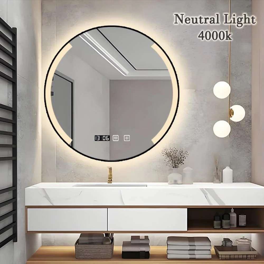 آینه حمام LED چراغ دار با قاب مشکی، آینه دیواری دایره ای ضد مه با نور پس زمینه و کنترل لمسی، دیمر دار، 3 رنگ، نمایش زمان و دما (50 سانتی متر/19.7 اینچ) (مشکی 70 سانتی متر/27.5 اینچ) آینه حمام LED چراغ دار با قاب مشکی، آینه دیواری دایره ای ضد مه با نور پس زمینه و کنترل لمسی، دیمر دار، 3 رنگ، نمایش زمان و دما (50 سانتی متر/19.7 اینچ) (مشکی 70 سانتی متر/27.5 اینچ)