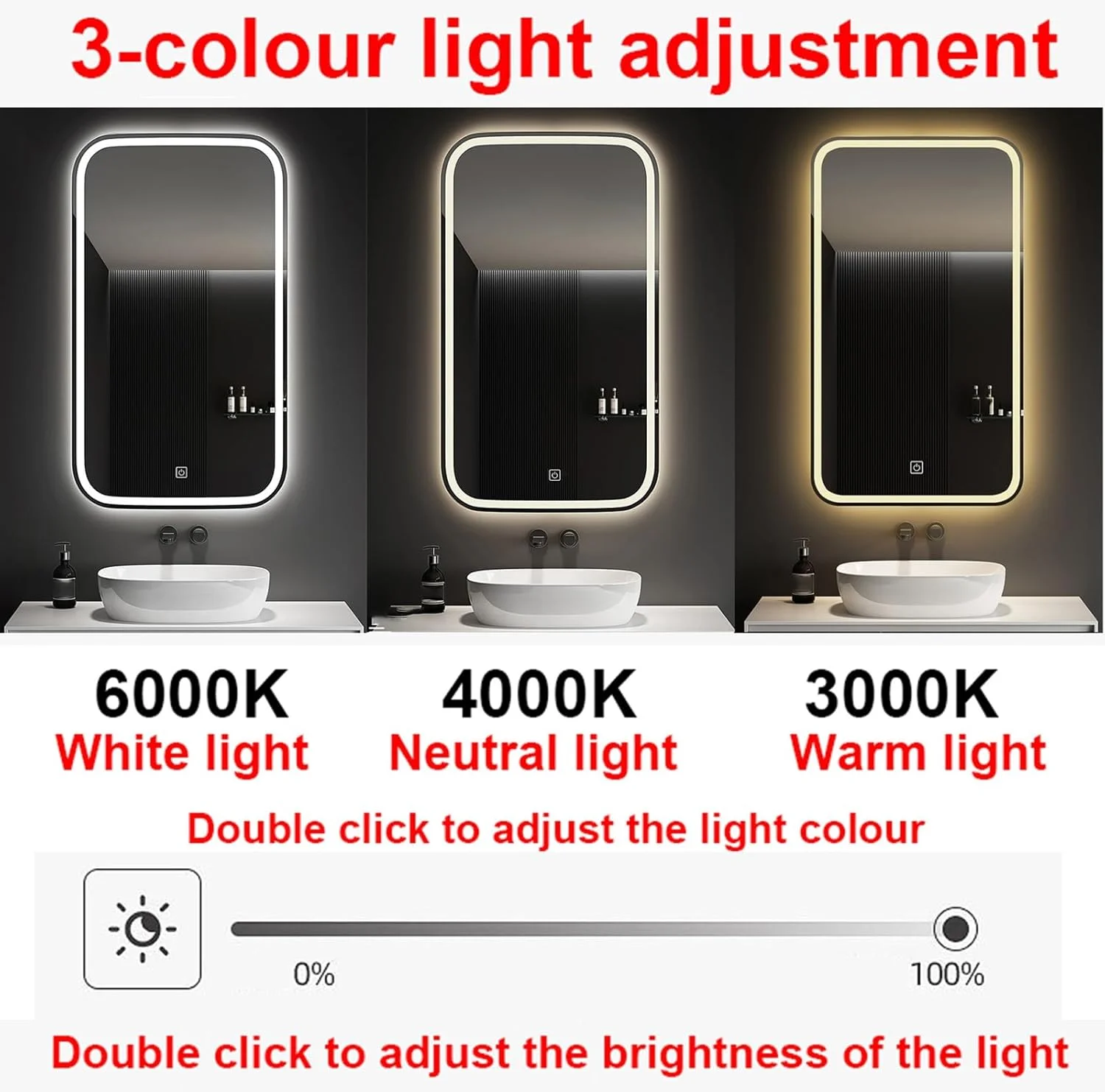 آینه حمام نورپردازی شده، 40x60 سانتی متر، 50x70 سانتی متر، 60x80 سانتی متر، آینه LED روشویی، آینه دیواری، آینه حمام روشویی با حافظه، عملکرد نور کم نور، کنترل لمسی (اندازه: 40x60 سانتی متر)